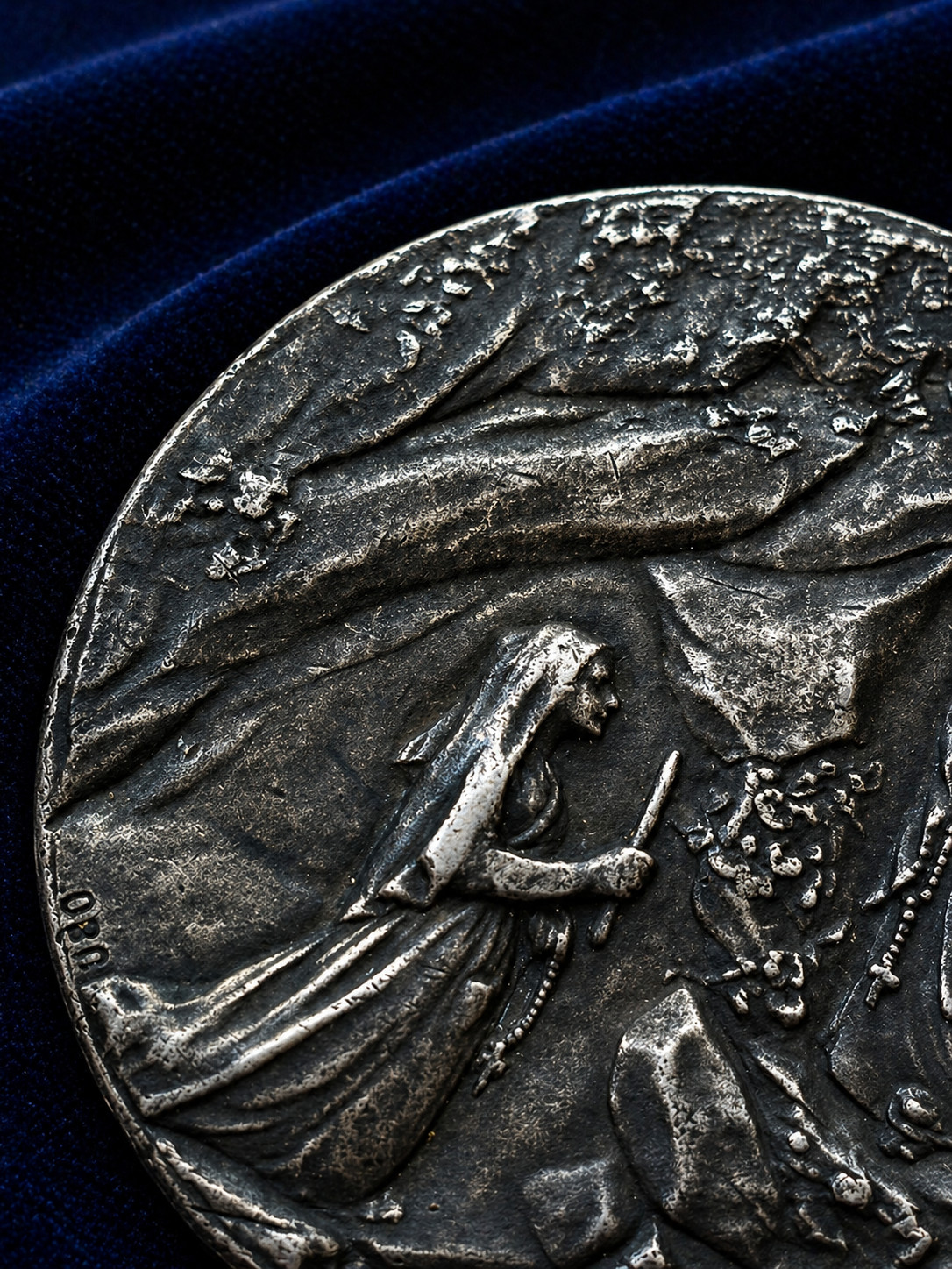 Large Antique Solid Silver Religious Medal Virgin Mary Angel Scene 19thC French