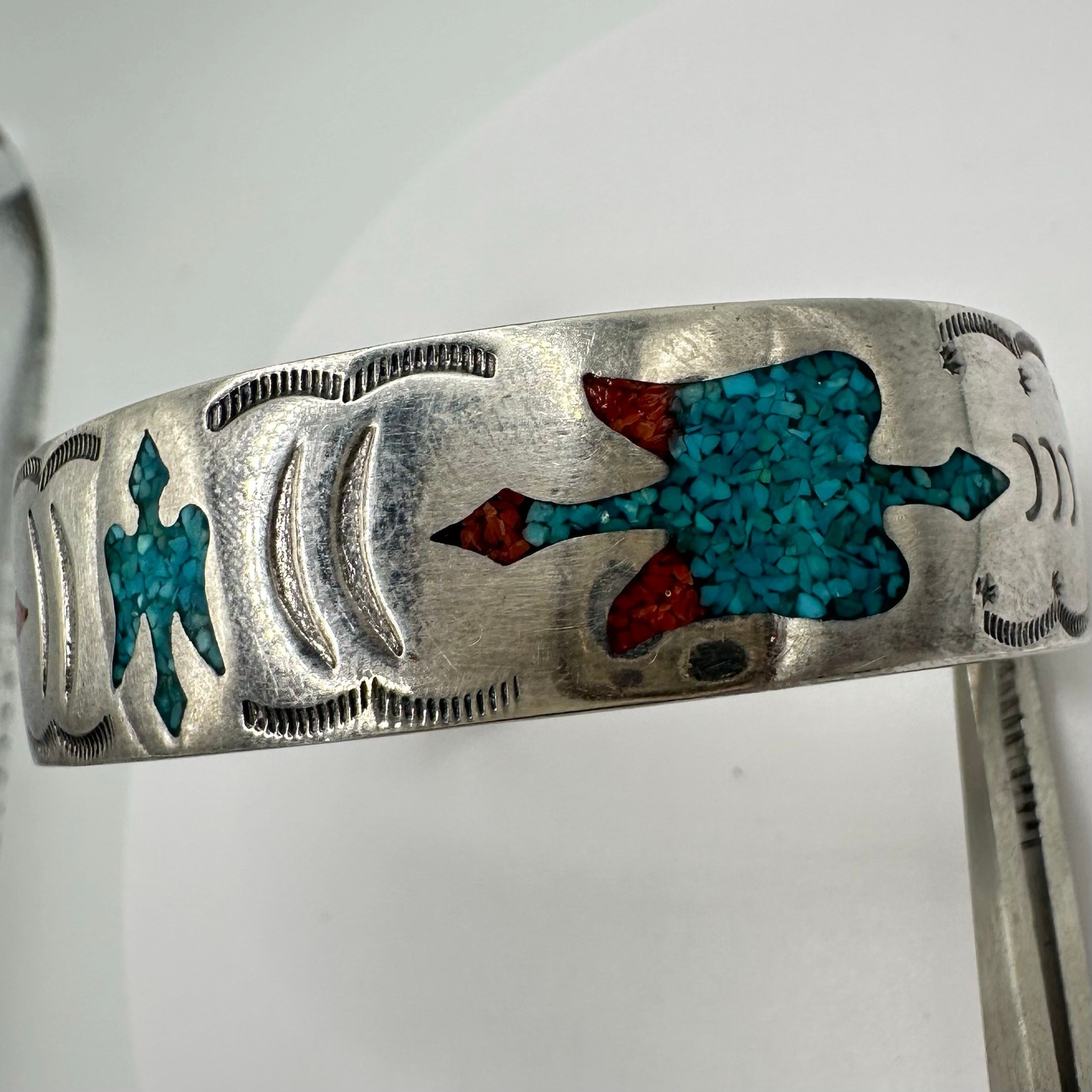 Navajo Native vintage sterling silver turquoise chip inlay cuff bracelet 28.54