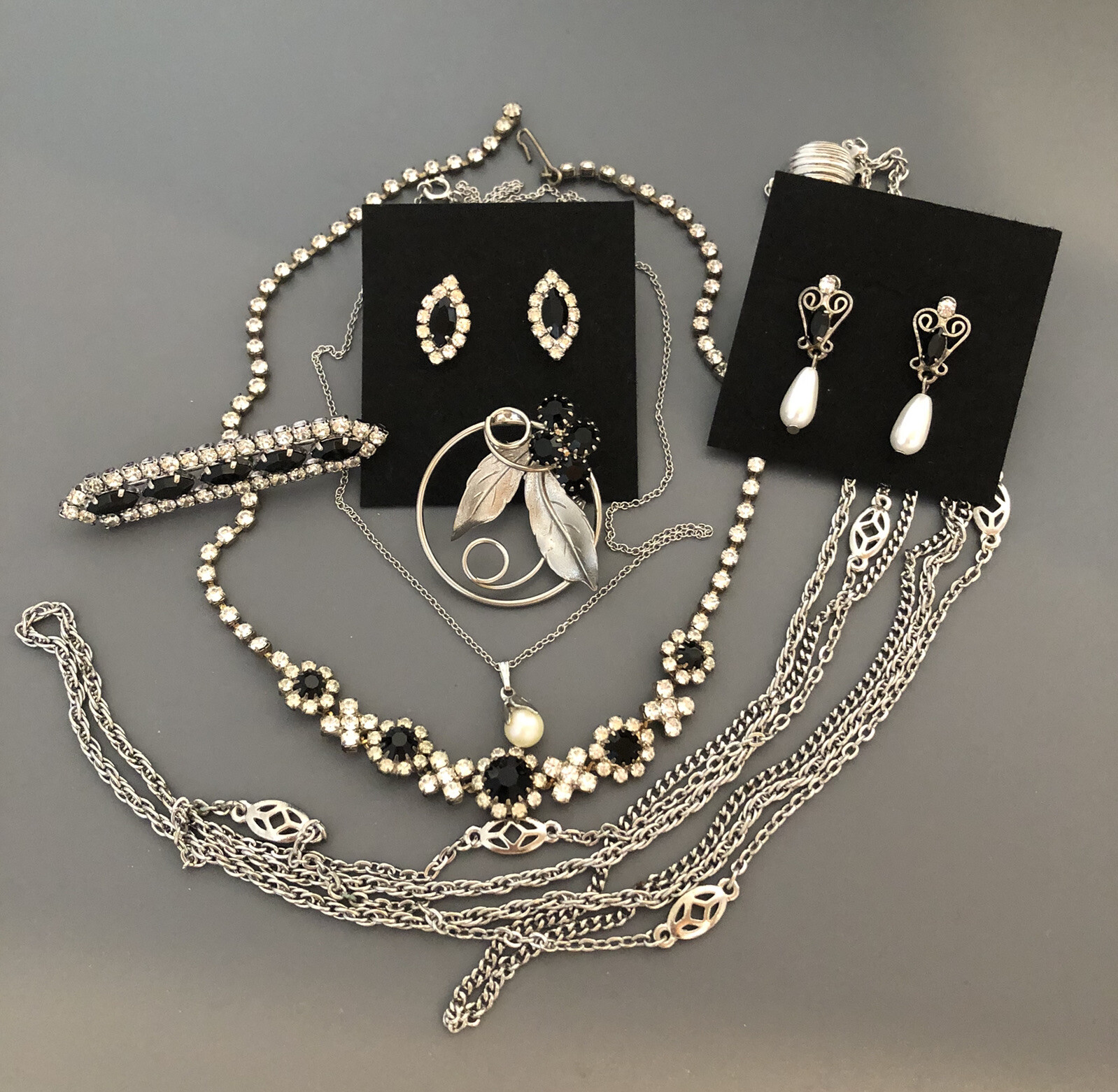 Vintage Art Deco Style Necklace Brooch Earrings Lot Of 7 Black Clear Rhinestone