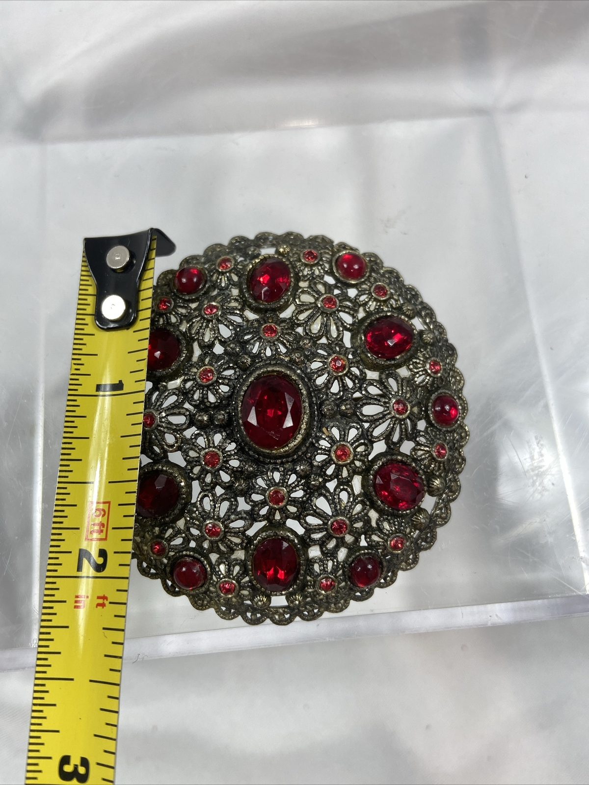 Vintage Brooch New England Glass Works Filigree Red Rhinestones