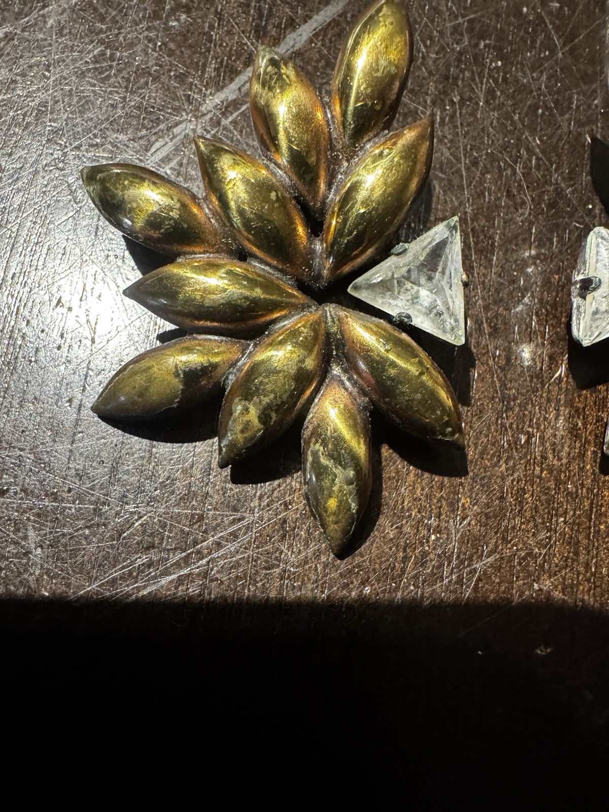 Vintage Brass Leaf Starburst Clip On Earrings Trillion Cut Rhinestone Cluster