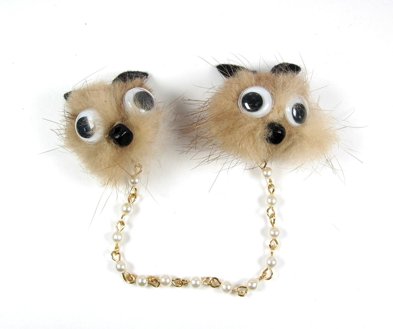 Vintage FUN Faux FUR FOX SWEATER GUARD Beads GOOGLY EYES Goldtone Clips