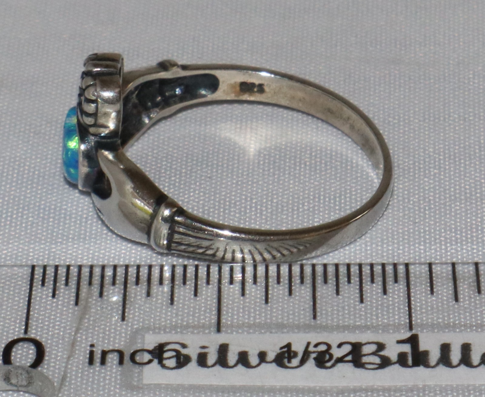 Vintage Sterling Silver Wheeler Lab Created or Faux Opal Claddagh Ring Size 9