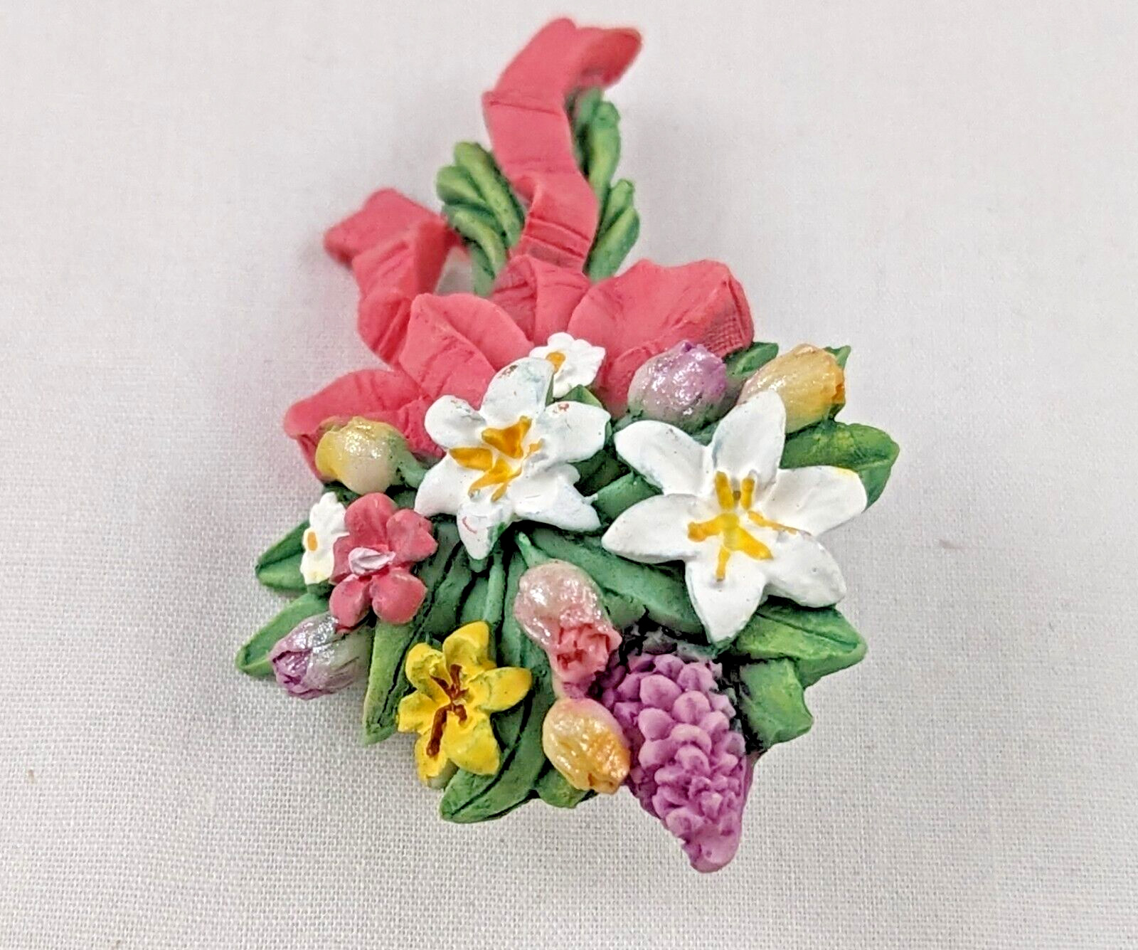 VTG Hand Painted Floral Bouquet Design Brooch Pin Costume Jewelry Flowers Multi