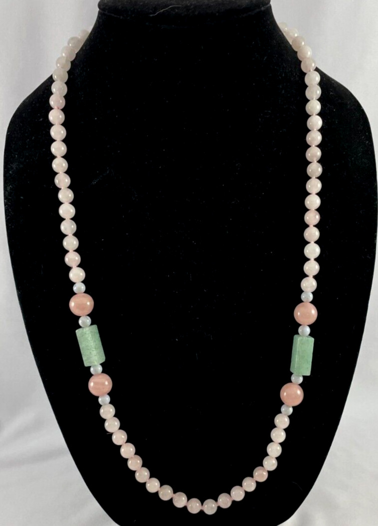 Pink And Green Jade Quartz Hand Knotted Beaded Necklace Long