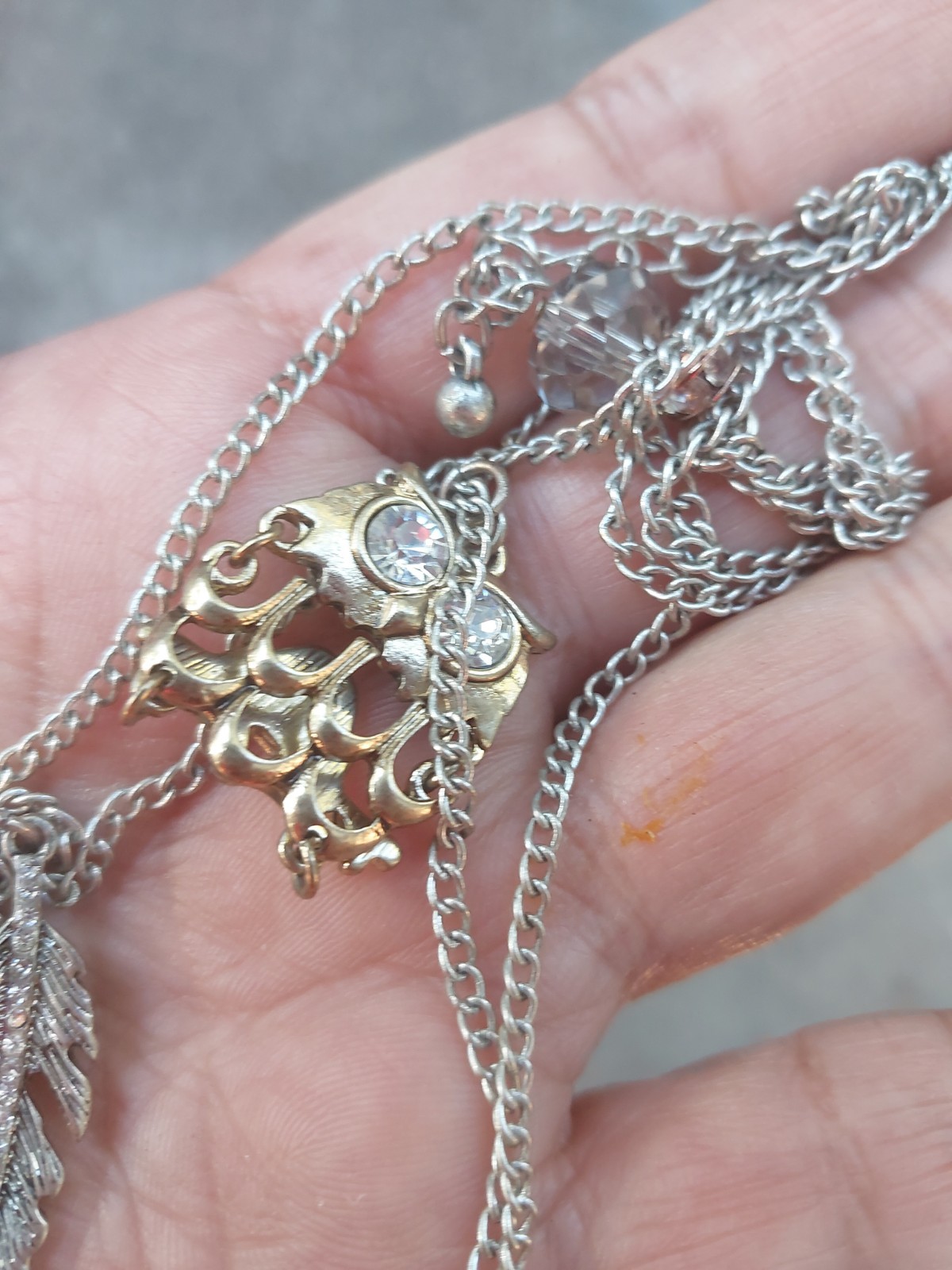 Vtg Silver Tone Articulated Owl Charm Pendant Necklace W Rhinestone Eyes