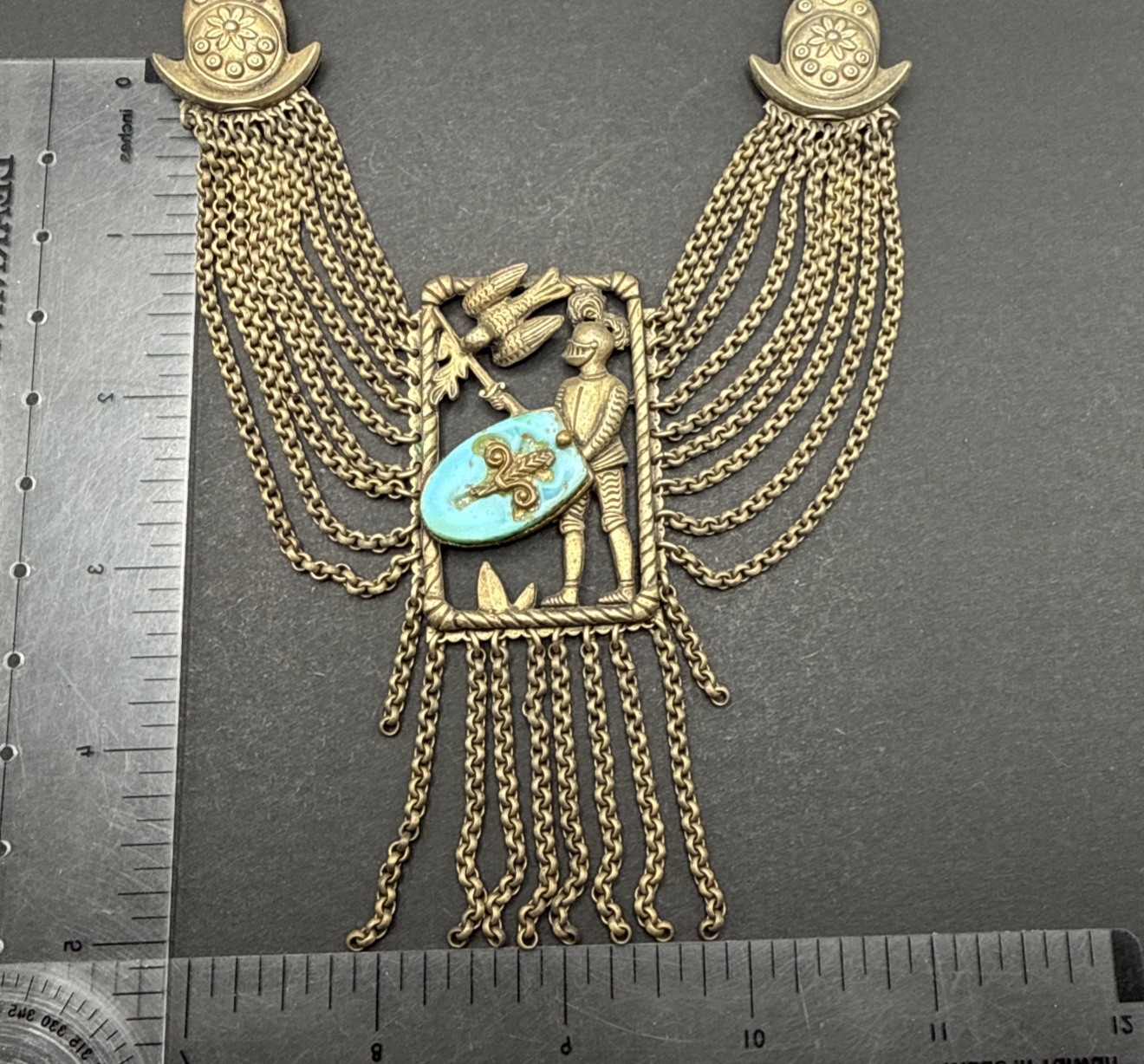 Vintage Knight Sword Shield Festoon Chain Gold Tone Necklace Triangle 15.5” J46