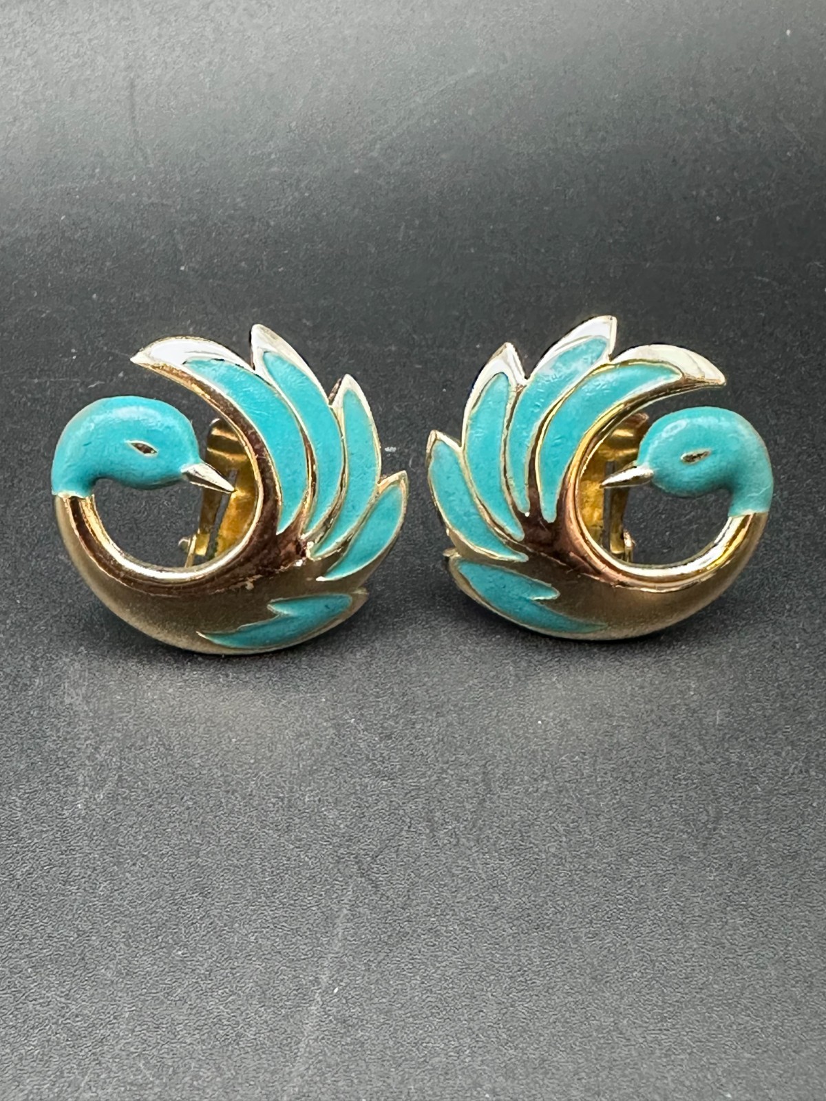 Vintage Orene Paris Gold‑Tone Enamel Bird Clip‑On Earrings • Turquoise Blue