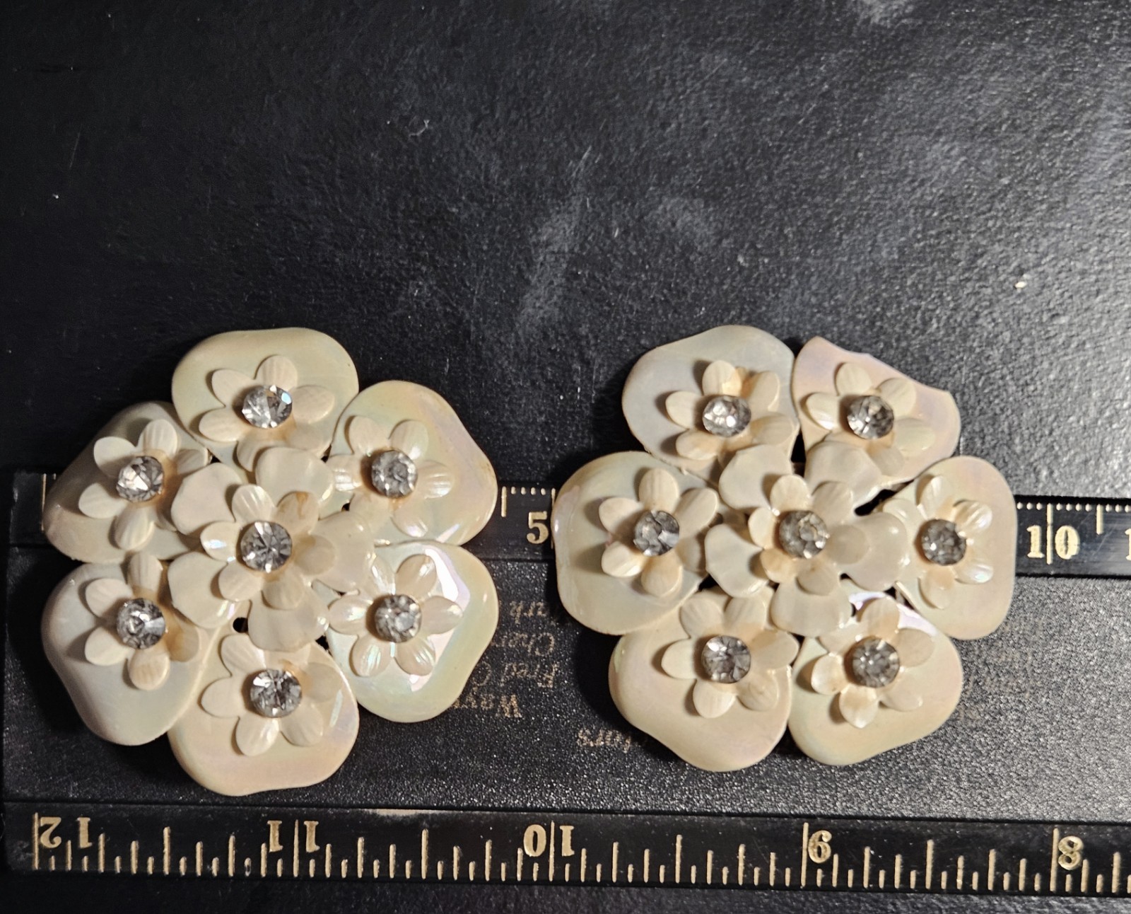 Vintage Floral Cluster Clip On Earrings Iridescent Petal Design with Rhinestone