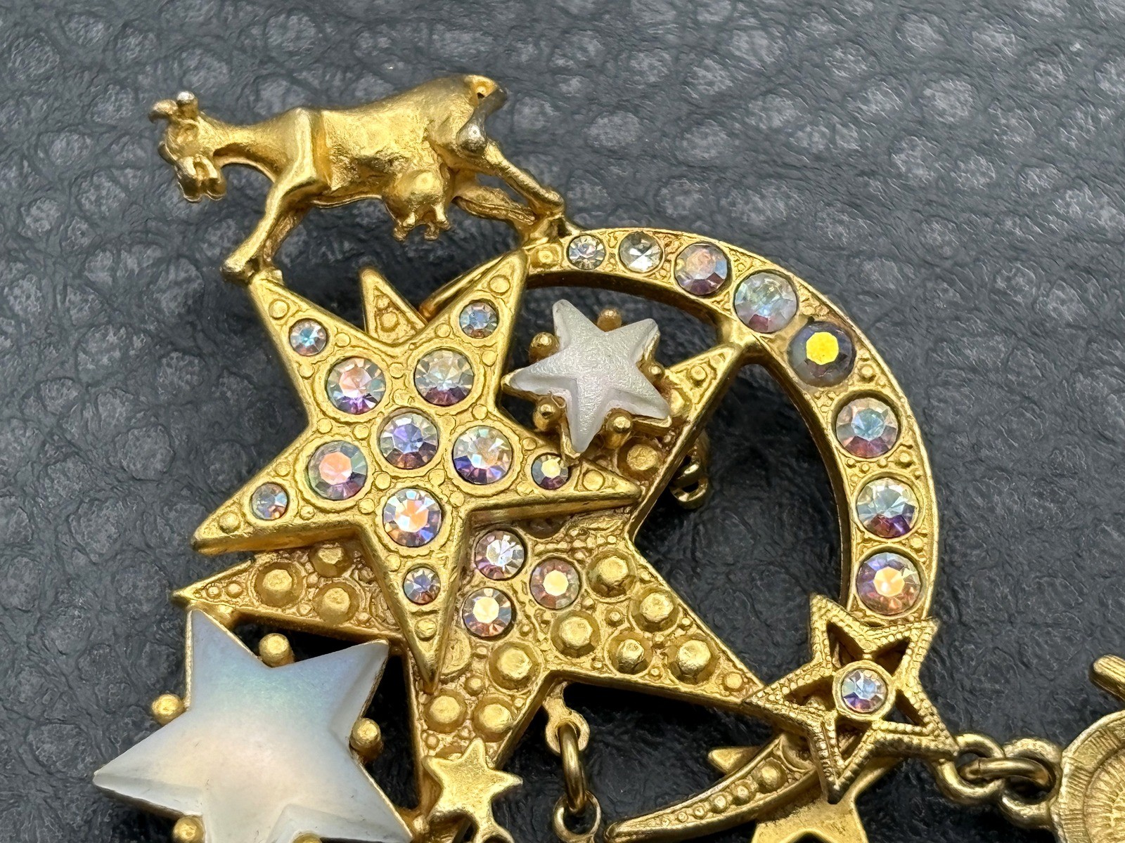 Kirks Folly Hey Diddle Diddle Gold Tone Crystal Brooch Pin Cat Cow Moon Star