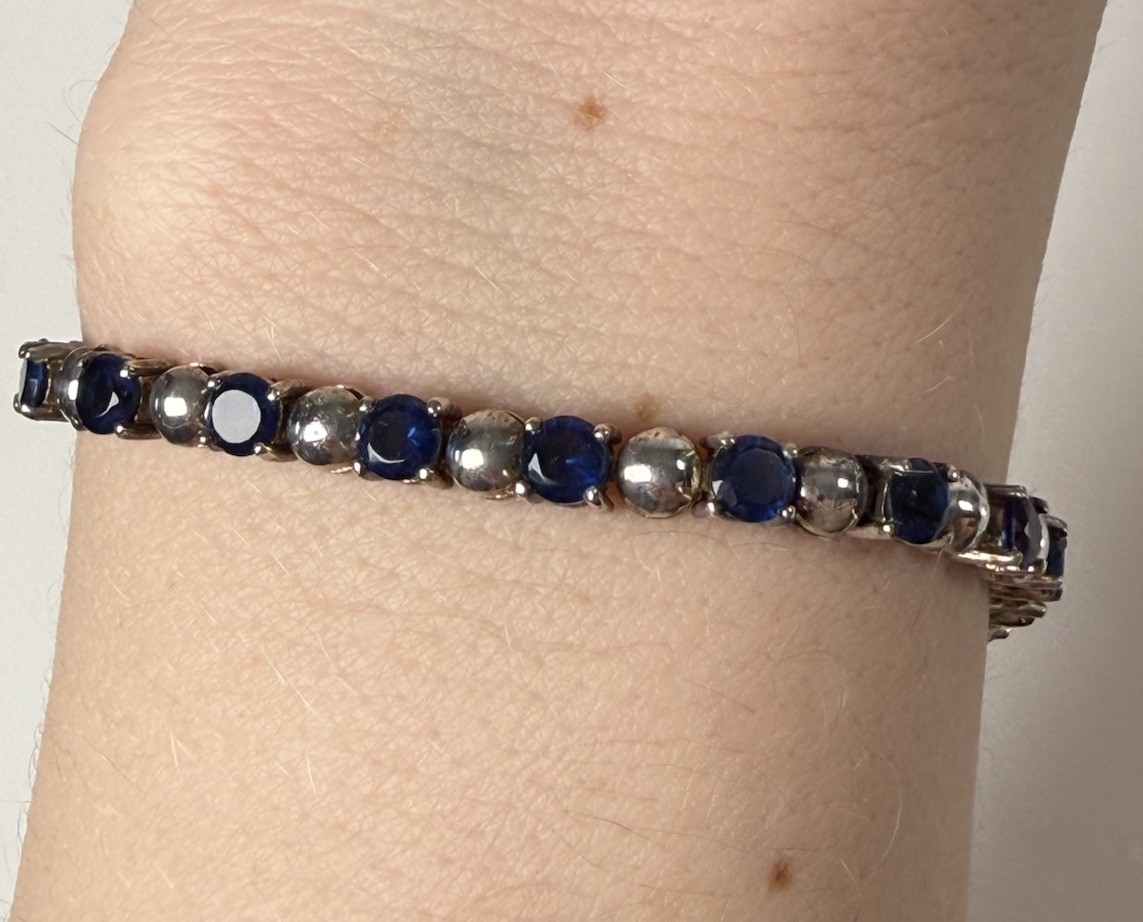 Vintage Sterling Silver Blue Glass Tennis 7” Bracelet Dee Berkley DBJ