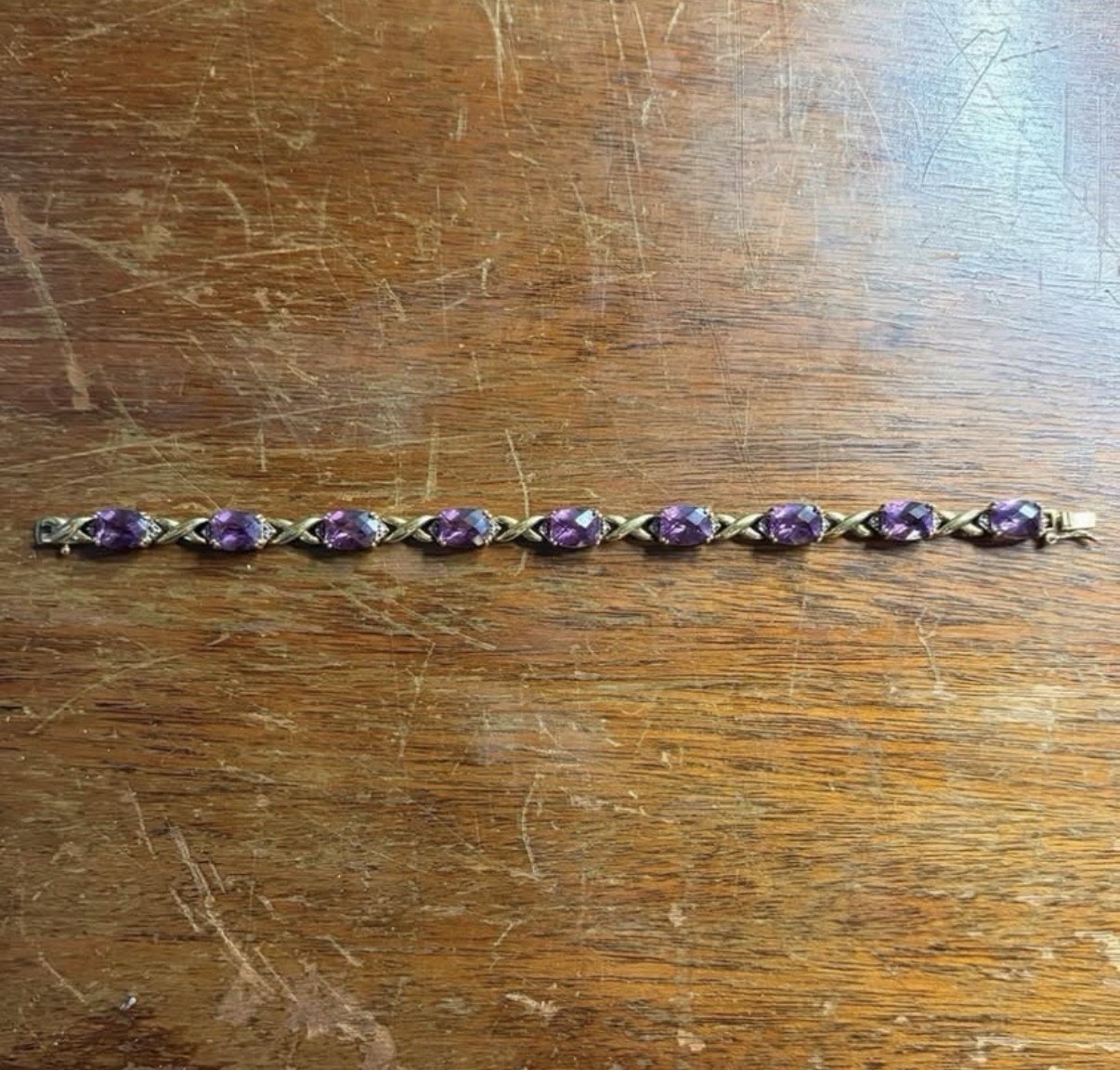 925 Sterling Silver Gold Plated Purple Gemstone Tennis Bracelet Vintage Style