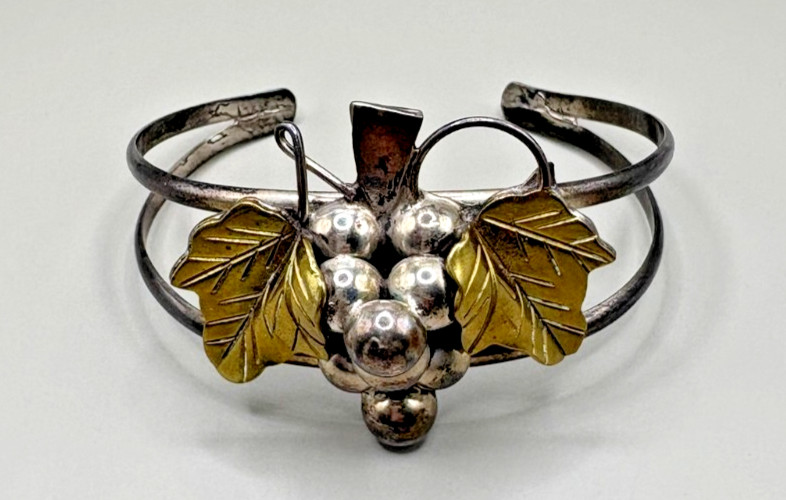 Vintage Mexico 925 Sterling Silver Grape Vine Cuff Bracelet Brass Leaves 26.1g