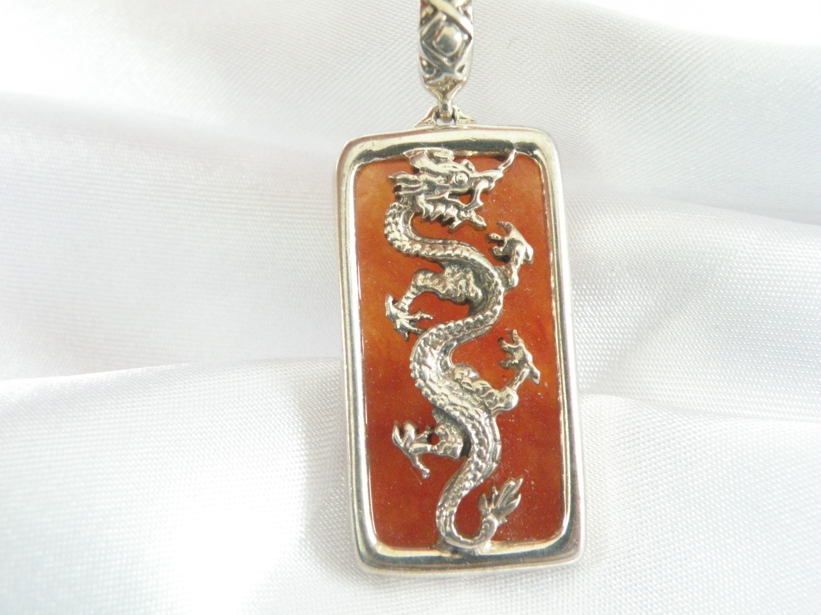 Vintage Sterling Silver 925 Red Jade Asian Dragon Pendant Necklace