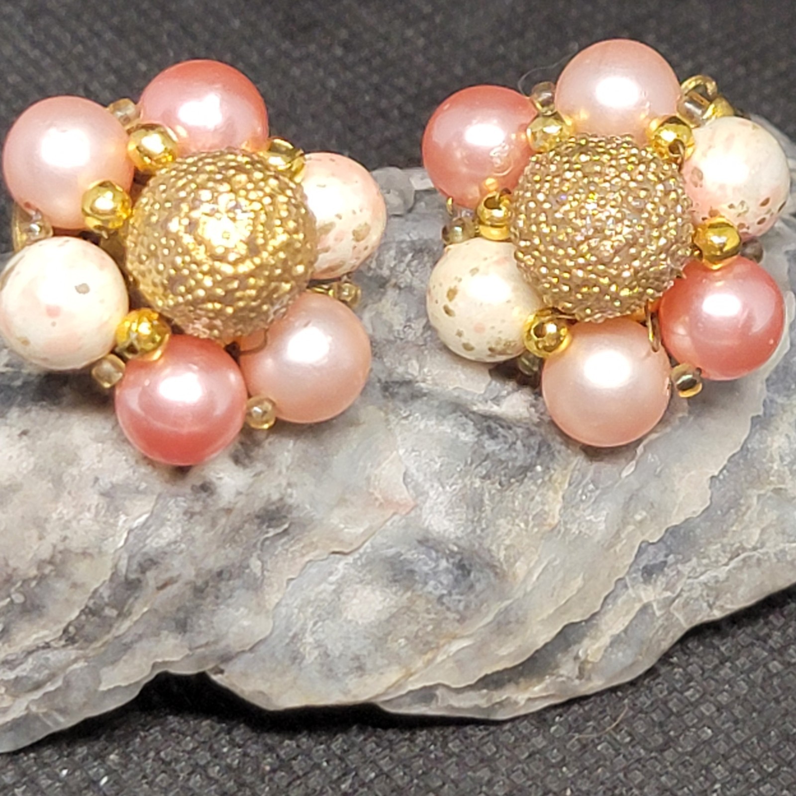 Vintage Pink Multi Strand Beaded Necklace Earrings Set Gold Tone READ
