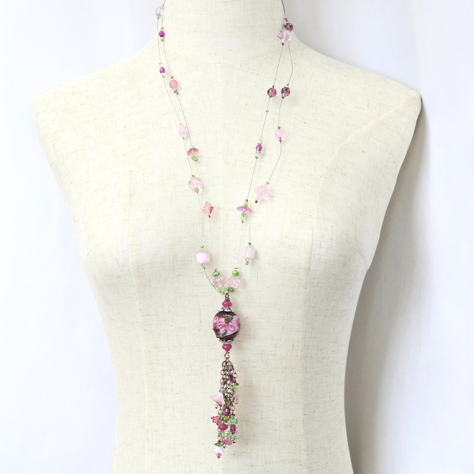 Handmade Y Necklace Large Lampwork Glass Pendant with Pink Faceted Crystal Beads