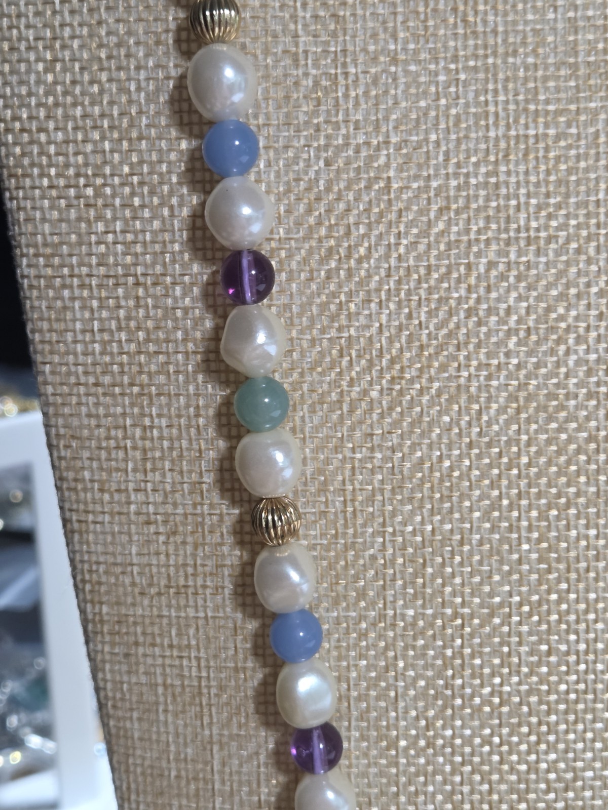 34″ Opera Faux Pearl Blue Green Purple Bead Gold Tone Necklace Barrel Clasp