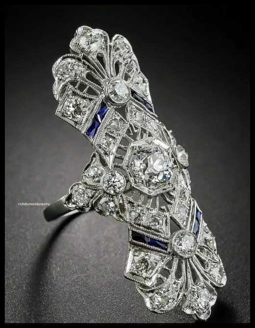 Glorious Long Art Deco Design With Old European Cut CZ & Blue Sapphire Fine Ring