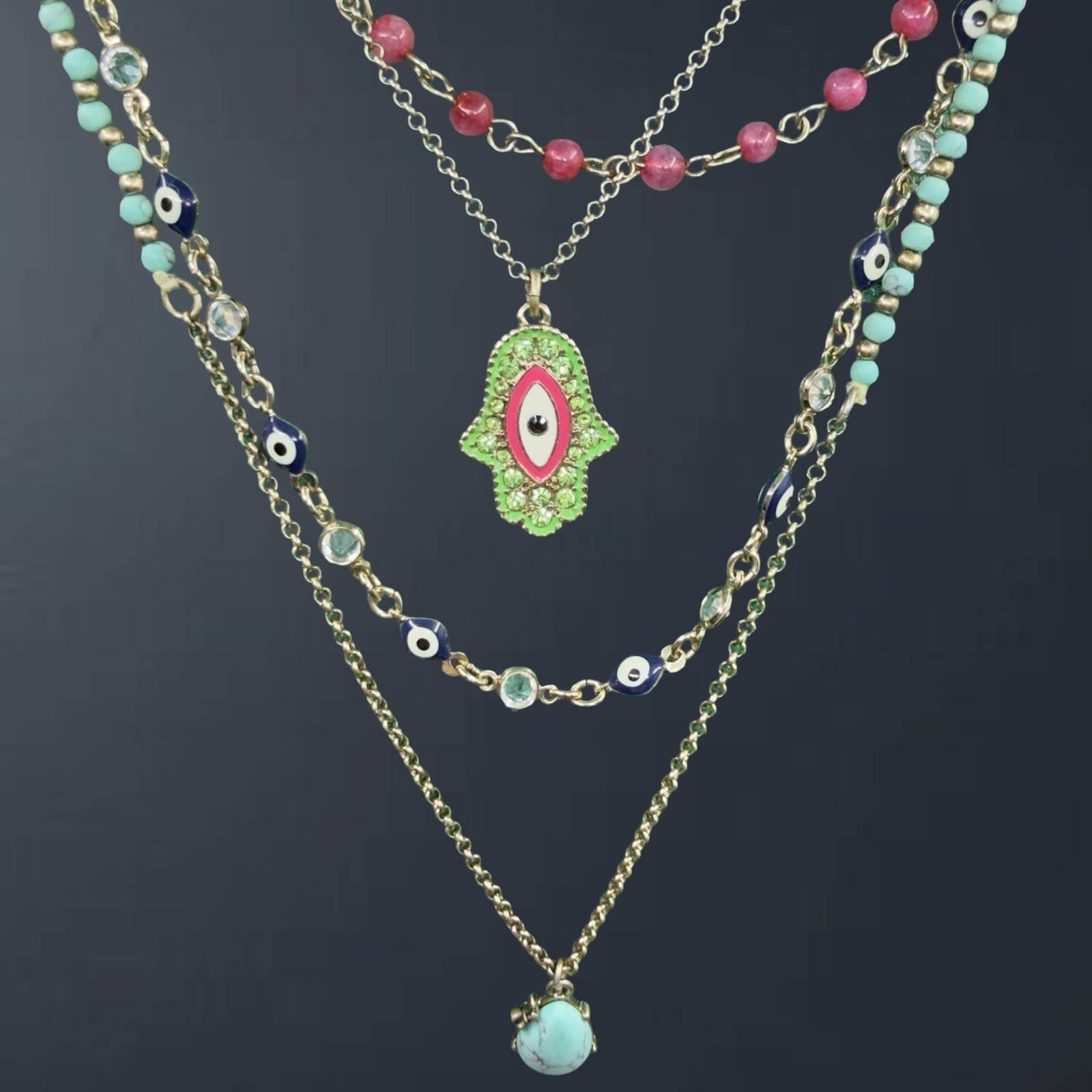 RETIRED Betsey Johnson 🎀 RHINESTONE Evil Eye Hamsa Layered Necklace Turquoise