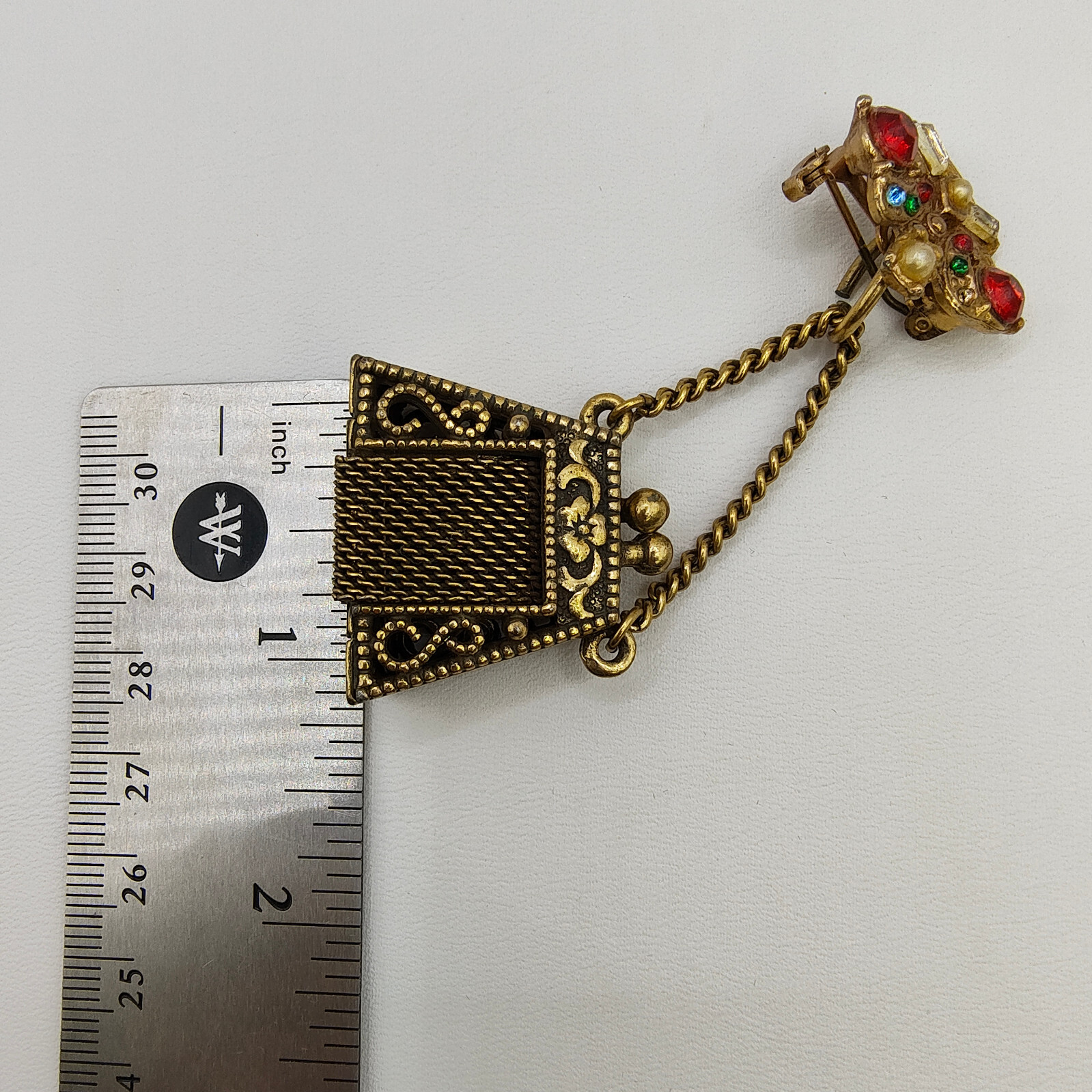 Vintage Purse Pill Box Brooch Pin Gold Tone Chatelaine Multicolor Rhinestone