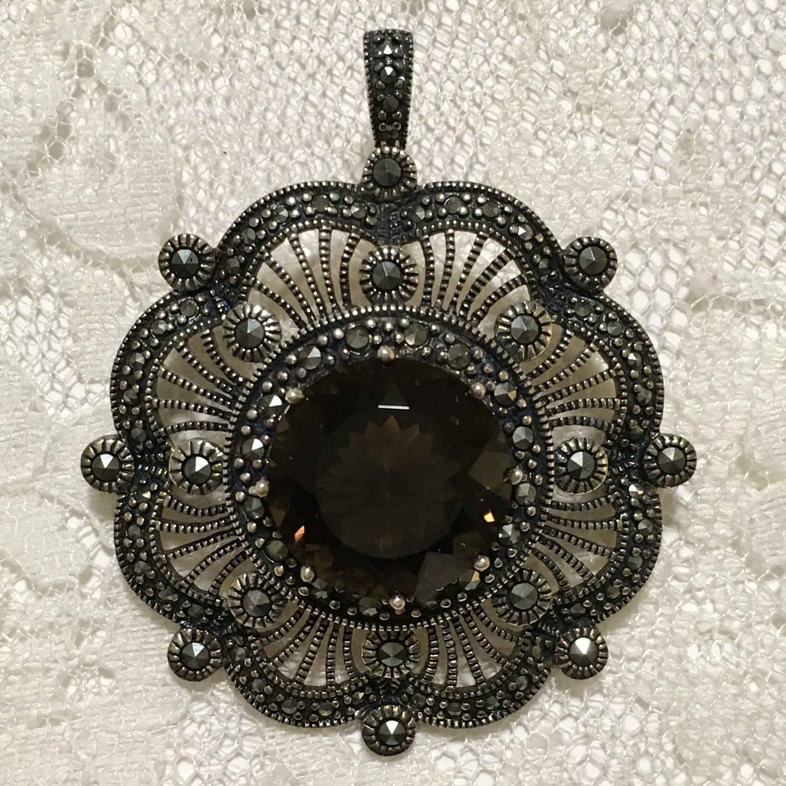 Suspicion QVC Sterling Silver 925 Pendant Brooch Smokey Quartz Art Deco style