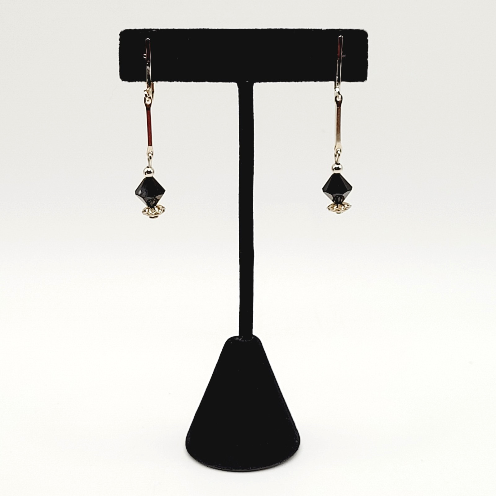 Minimalist Art Deco Drops Black Bicone Crystal Gold Tone Vtg Clip On Earrings
