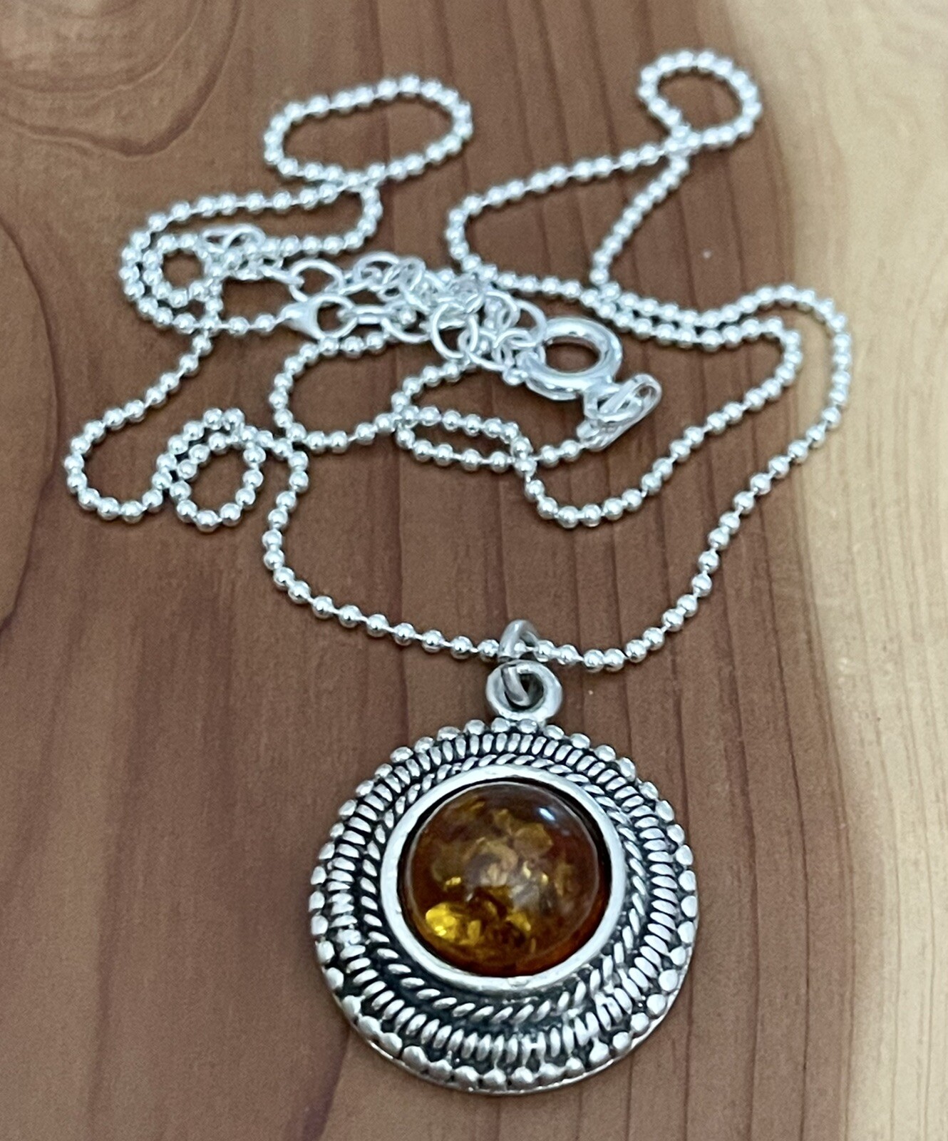 Vintage 925 Sterling Bali Beads, Honey Amber Round Pendant Necklace 16”-17.5” in