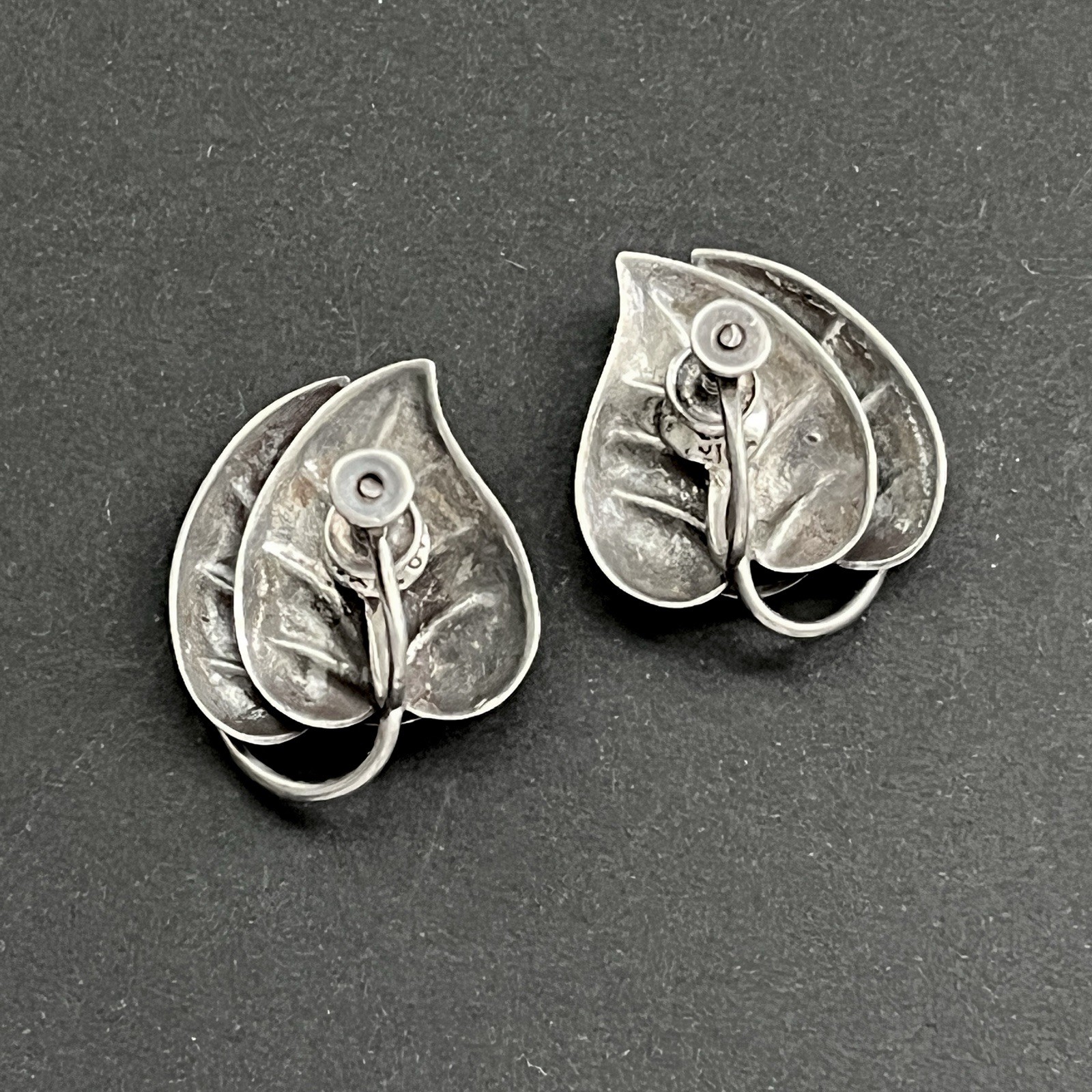 Vintage Los Castillo Taxco Sterling Silver Leaf Swirl Screw Back Earrings
