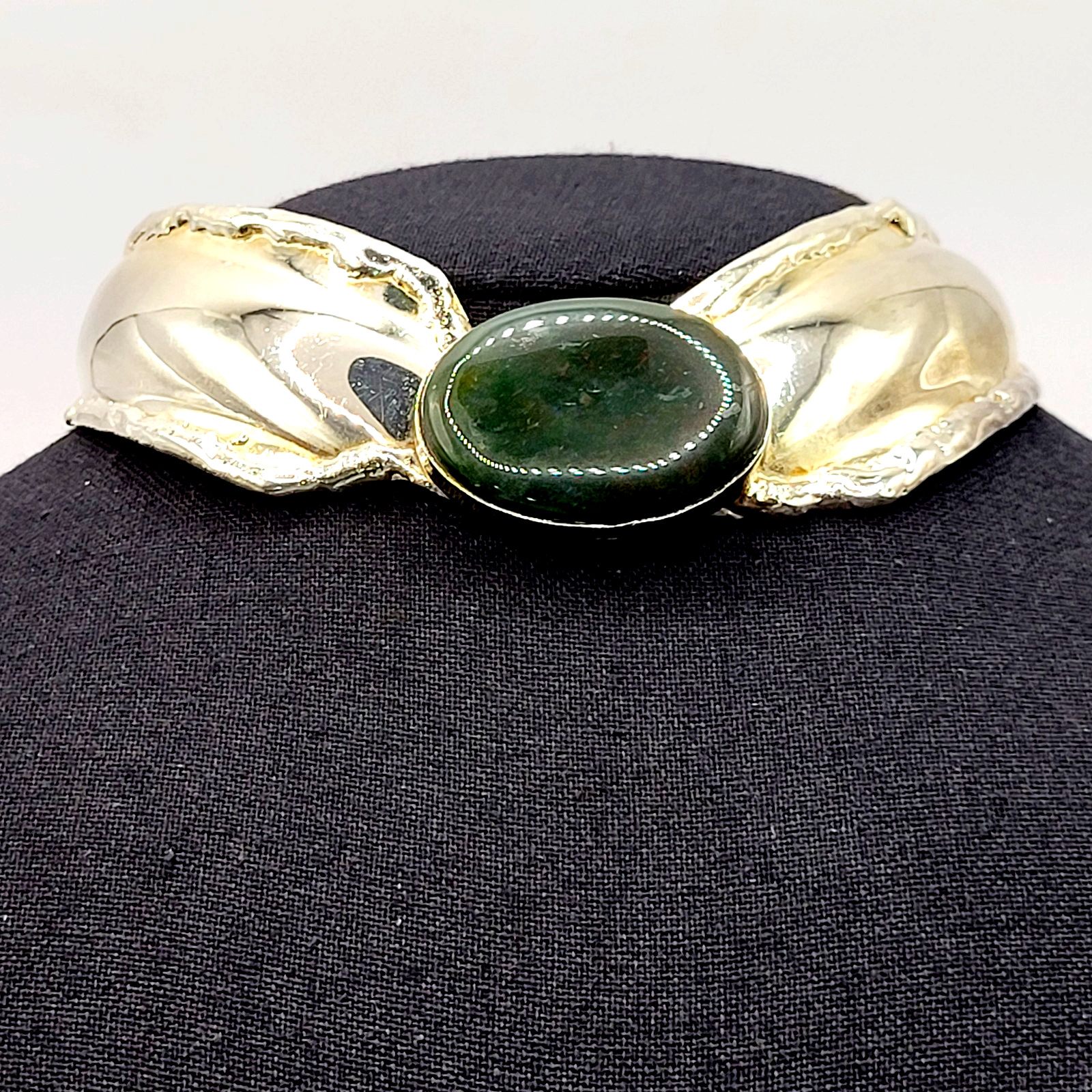SW Style Collar Handmade Silver Tone Metal Green Agate Stone ROUGH Vtg Necklace
