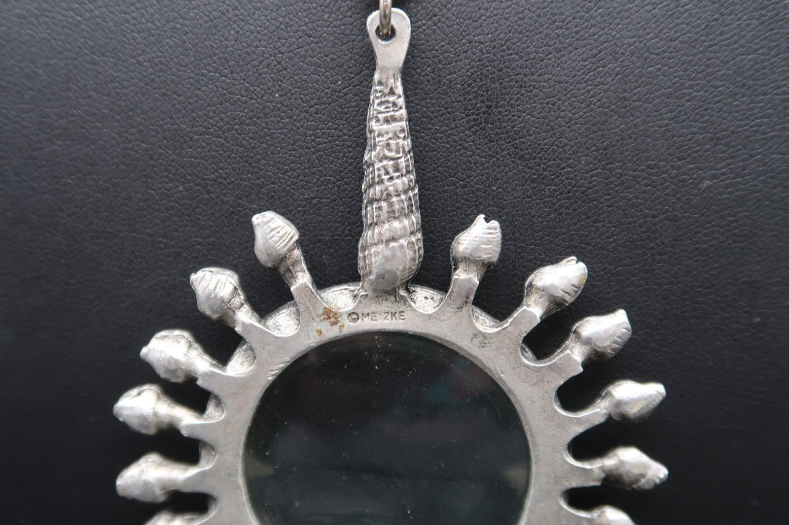Vtg Pewter Sunburst Magnifying Loupe Pendant Necklace Metzke Signed Shell Bail