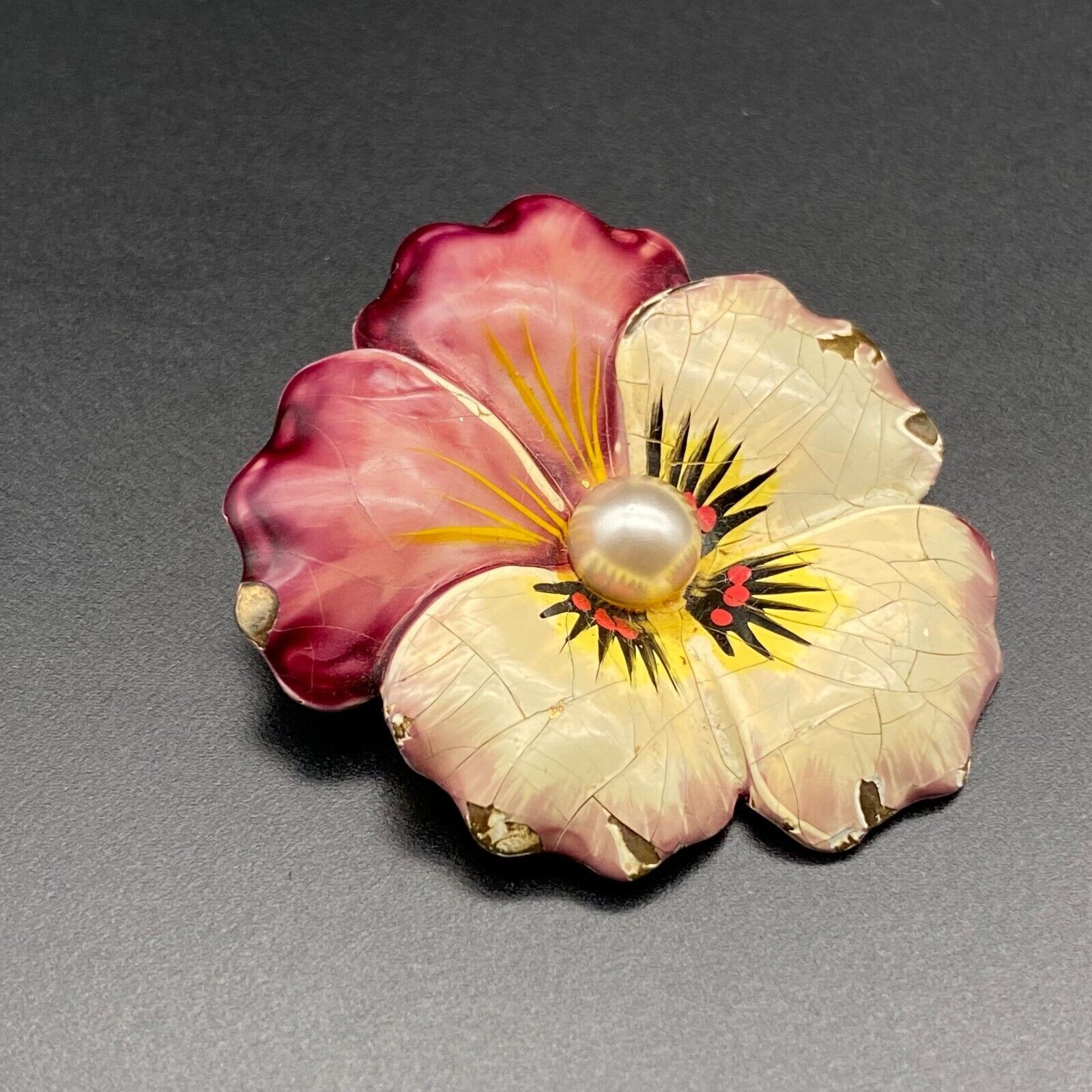 Vintage Enamel Pansy Flower Sterling Silver Pin Brooch