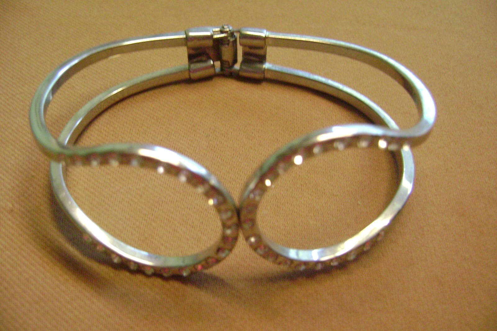 SIGNED MONET RHINESTONE HINGED OPEN CUFF/ BANGLE SILVER TONE BRACELET