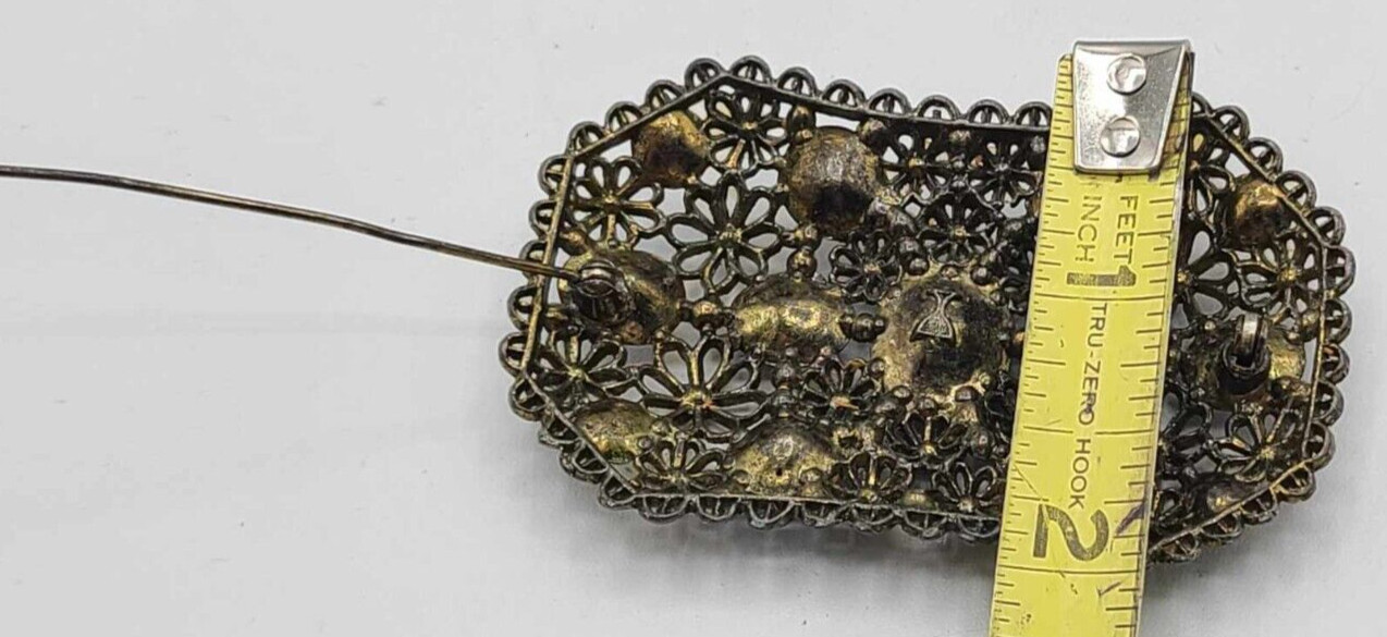 Vtg 1940s New England Glass Works Brooch Pin Floral Design Faceted Stones ~3″L