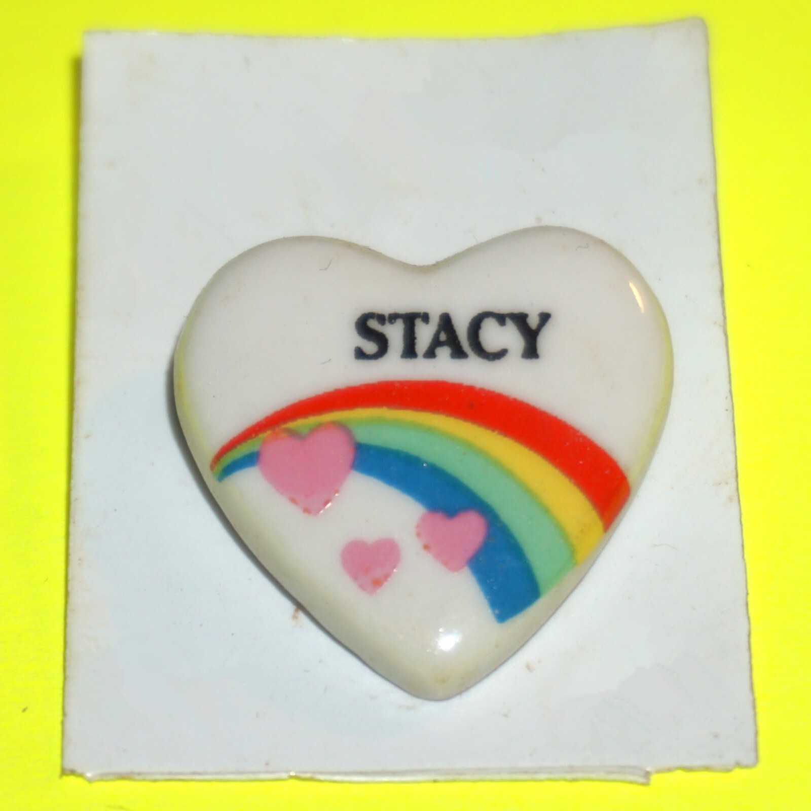 Rainbow Heart Pins on White Vintage 80’s Pick Name Retro Girls Names Hat Bag Etc