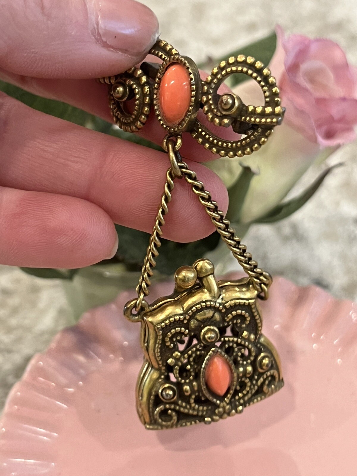Pin Brooch Filigree Purse Coral Color Stone Dangle Pin