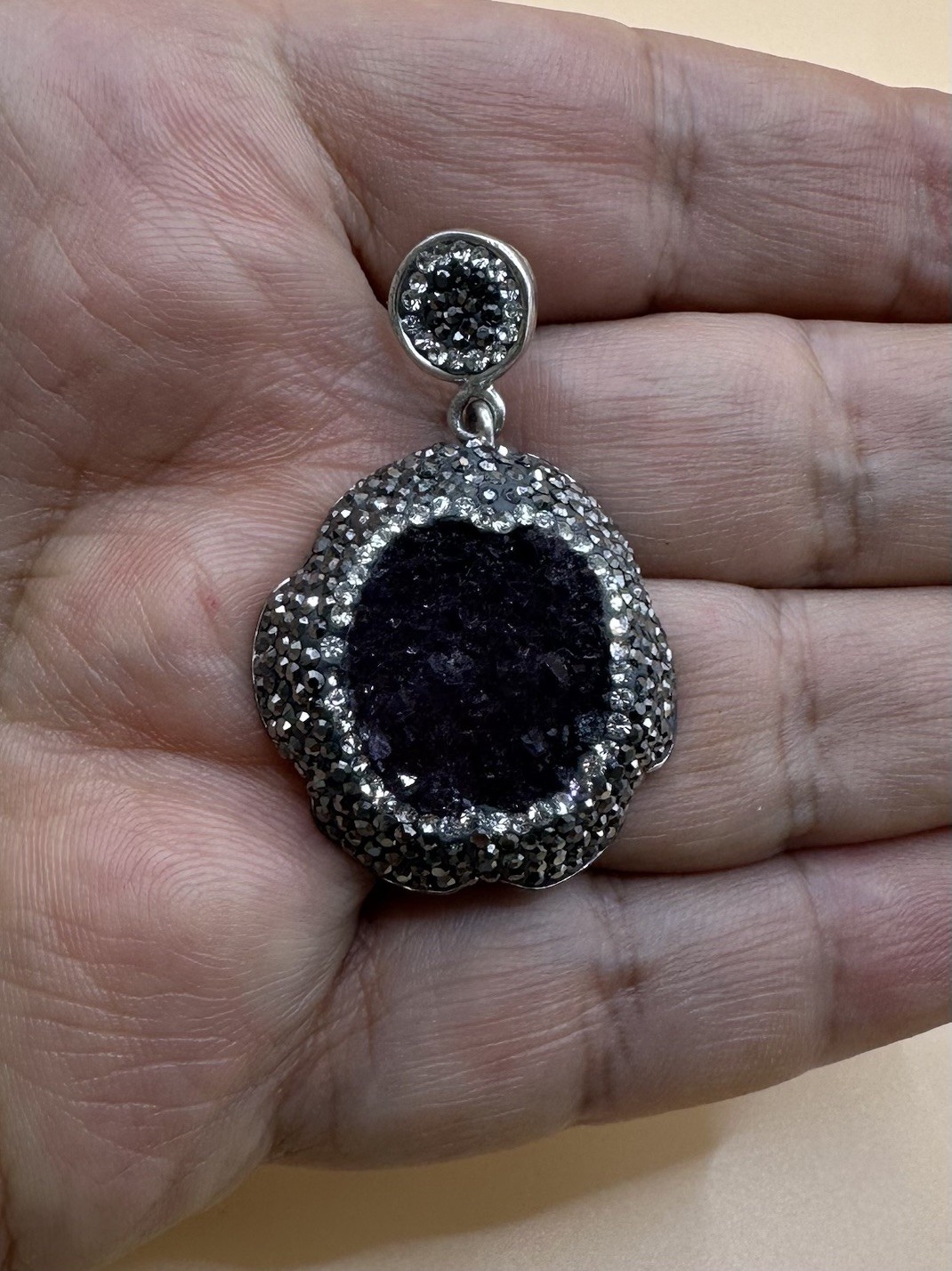 Vintage 925 Sterling Silver Druzy Amethyst Marcasite & Clear Stone Pendant
