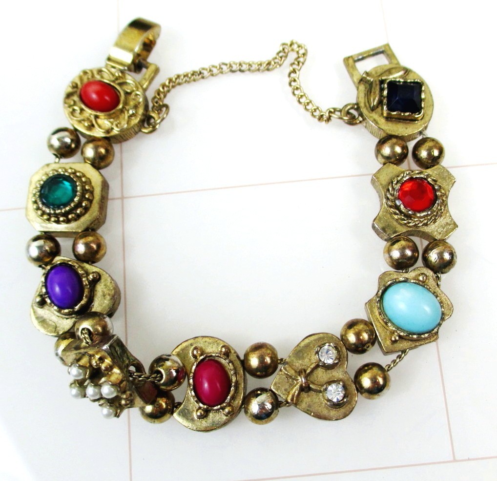 Vintage Victorian Revival Slide Charm Bracelet Gold tone Multicolor cabochons