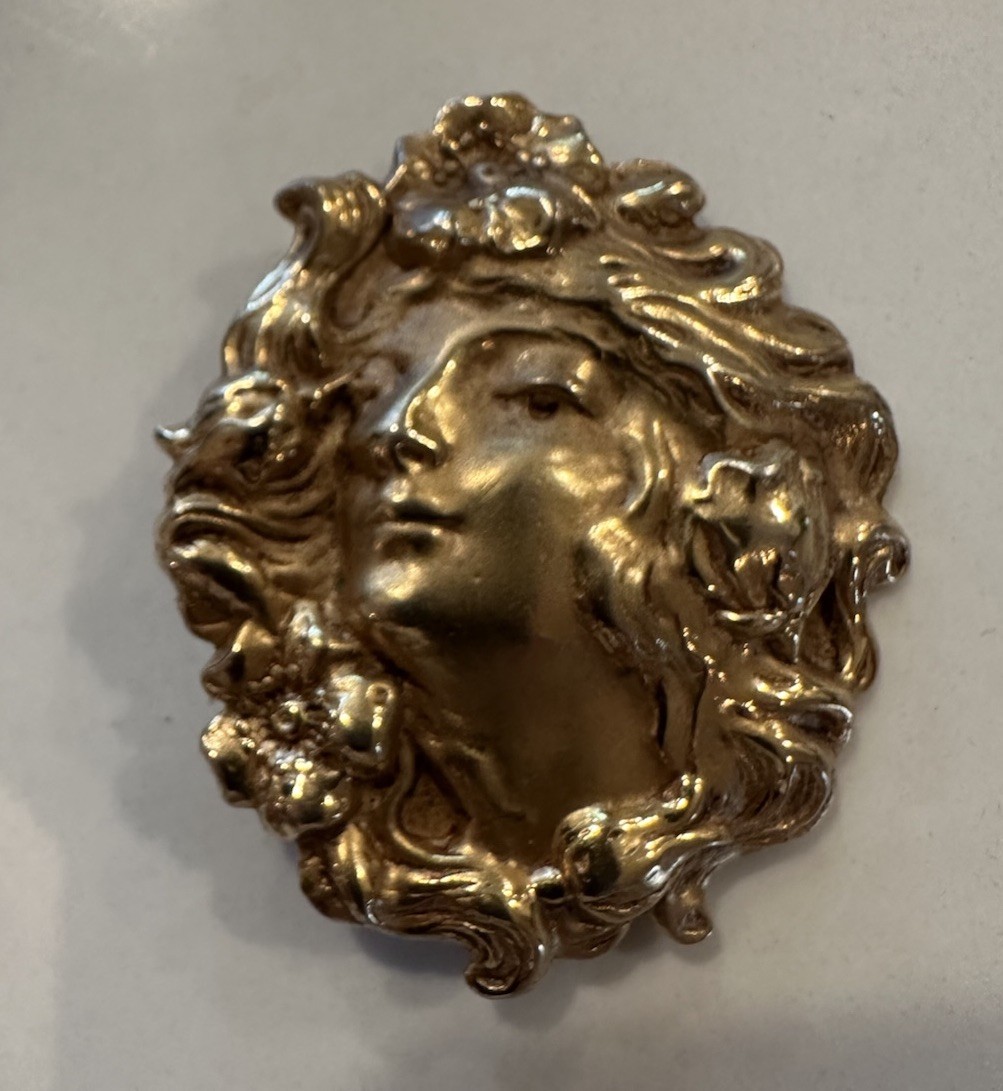 Vntg Art Nouveau/Jugendstil/Brass Woman’s Head Face/Poppy Flower Hair-Brooch/Pin