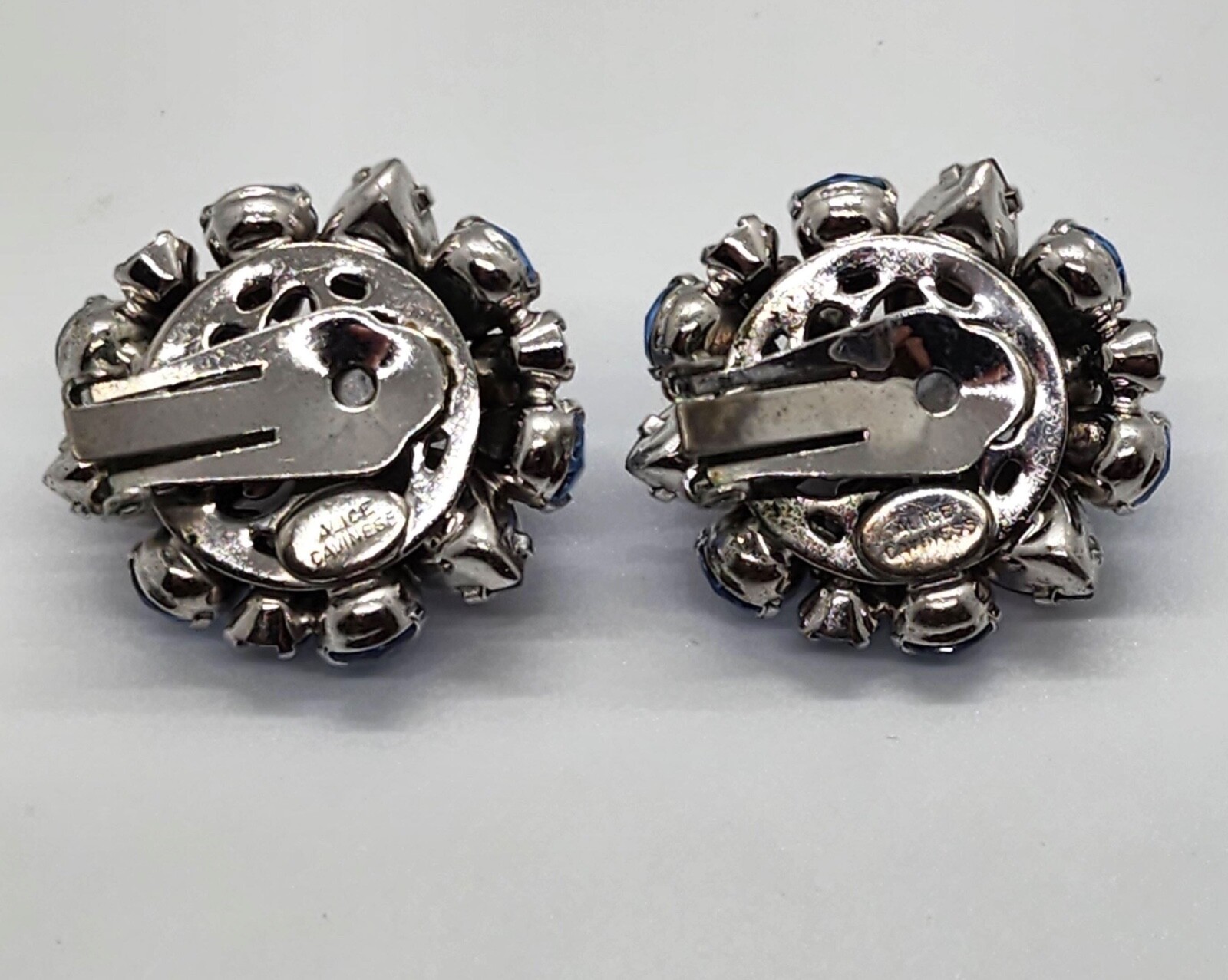 Alice Caviness blue and purple rhinestone earrings signed with brooch