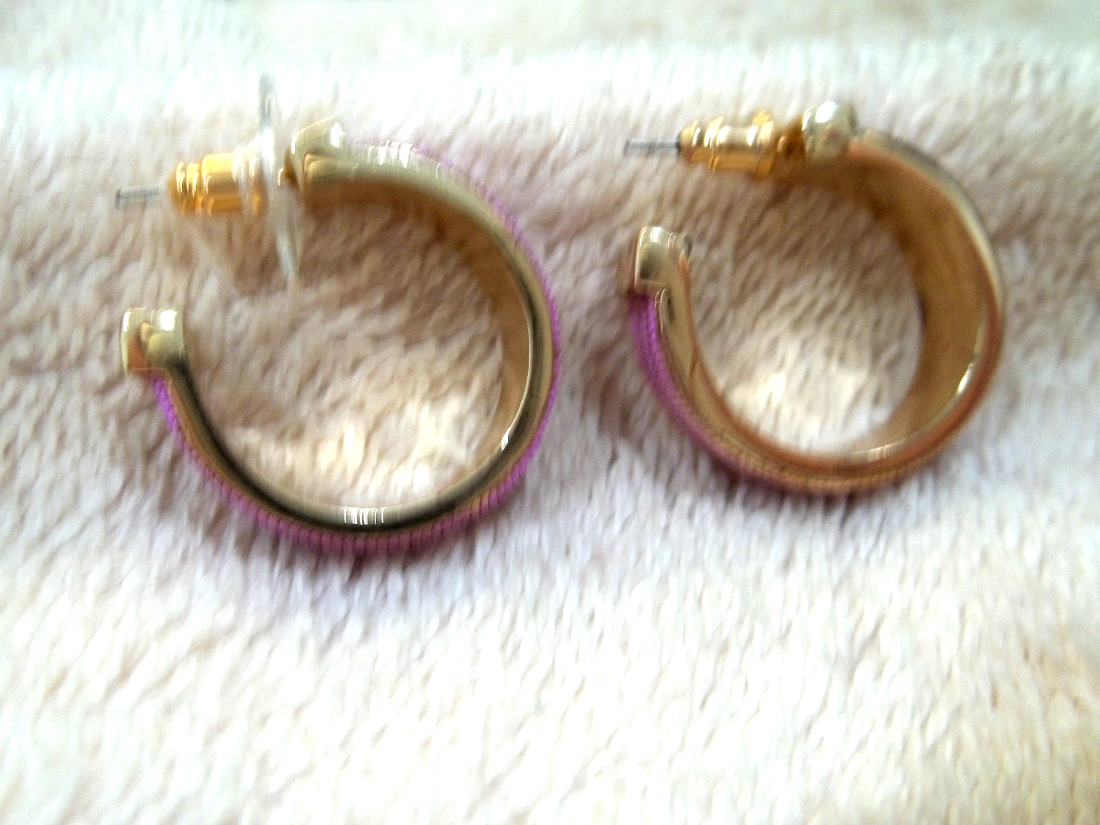 Signed SUGARFIX Pierced Hoop Earrings, Gold Tone Metal, Pink Rope Design