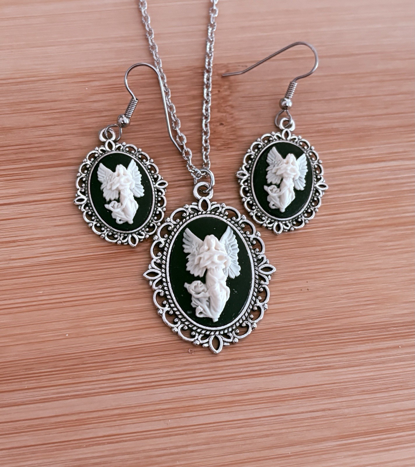 Guardian Angel Cameo Necklace & Earring Set, Vintage Style Pendant, Cream/Black