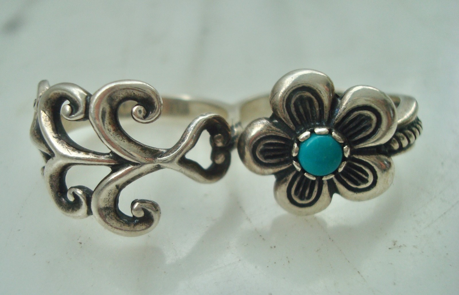 Vintage CAROLYN POLLACK STERLING Silver FLOWER Turquoise DOUBLE RING Size 9/7.5