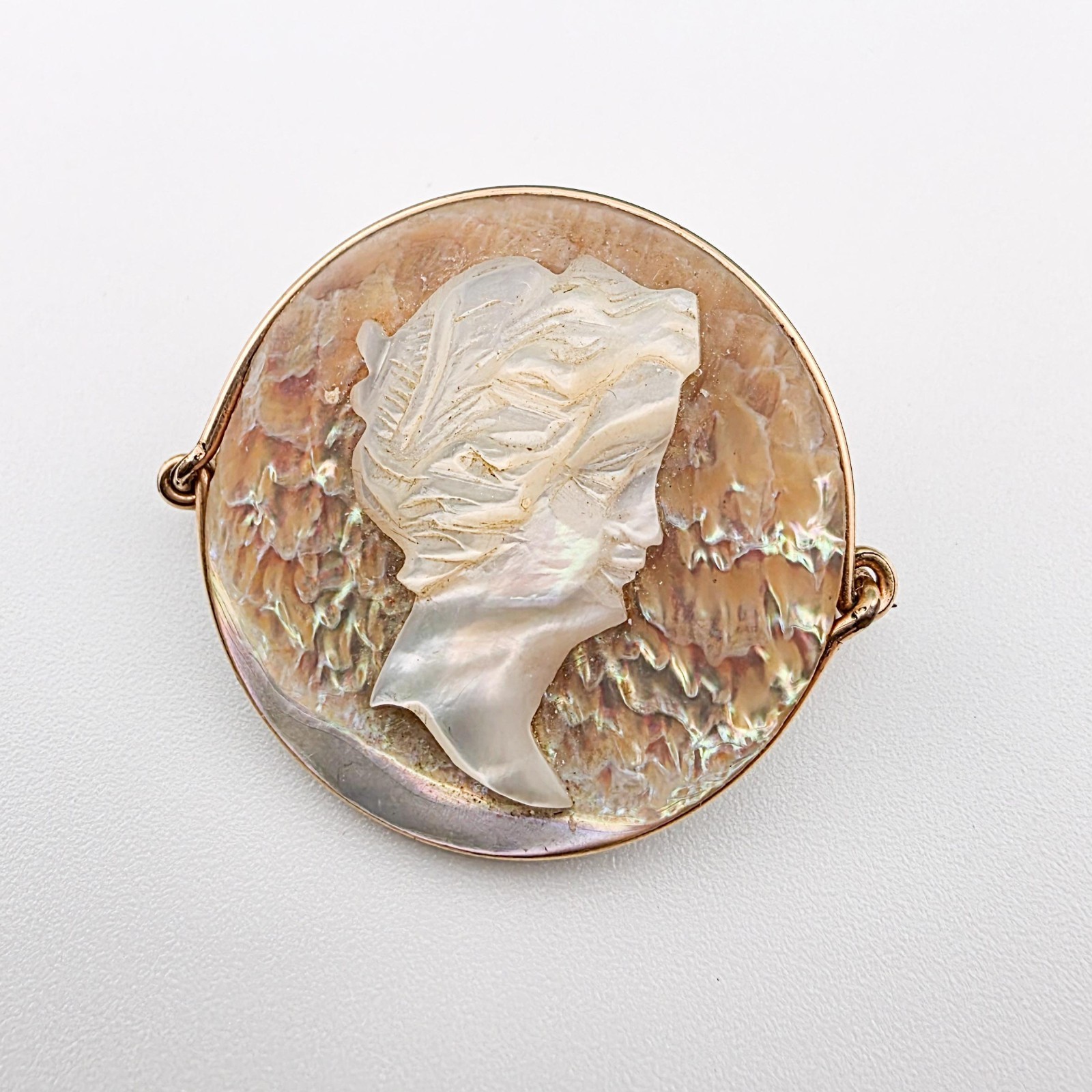 Vintage Abalone and Applied Mother Of Pearl Cameo Goldtone Setting 1″