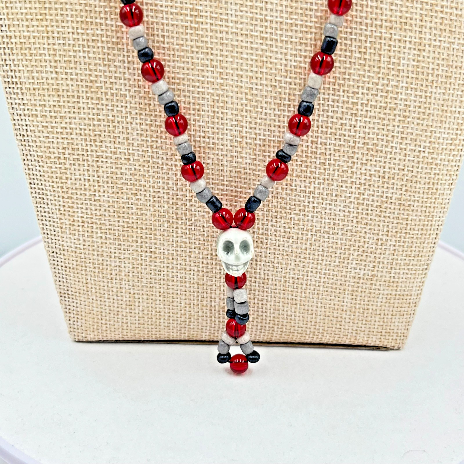 Vintage Goth Red & Black Beaded Skull Necklace Retro Grunge Alt Boho Jewelry