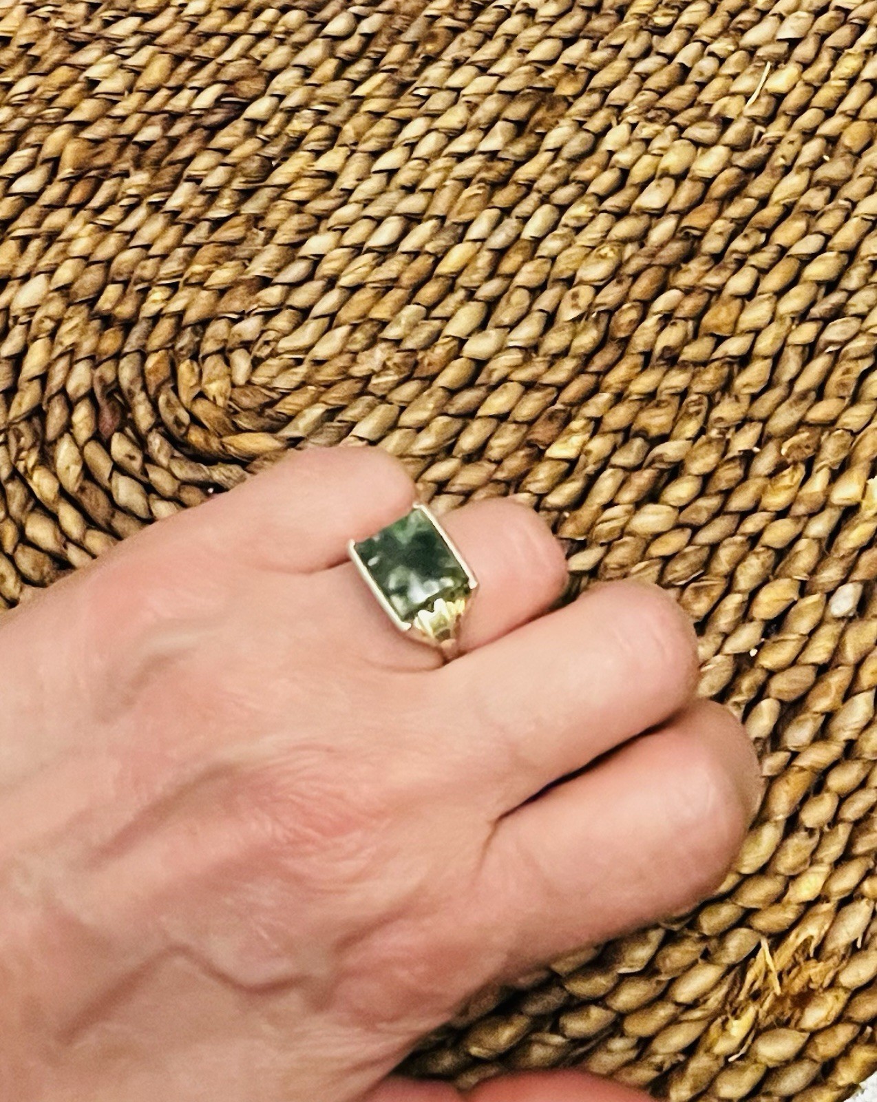 10 K GF Square Green Moss Agate Ring Size 7