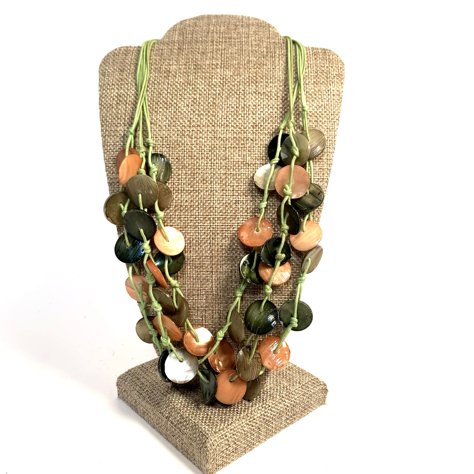 Vtg Boho Shell Disc Necklace Coastal Grandma Green Peach Beach Y2K 22″ Cord