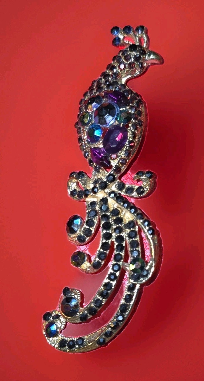 Vintage Colorful Peacock Purple Blue Aurora Borealis Faceted Rhinestone Brooch