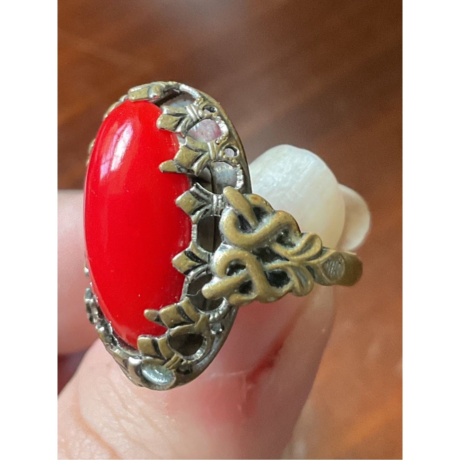 Vintage Red Coral Filigree Gold Tone Ring Size 7