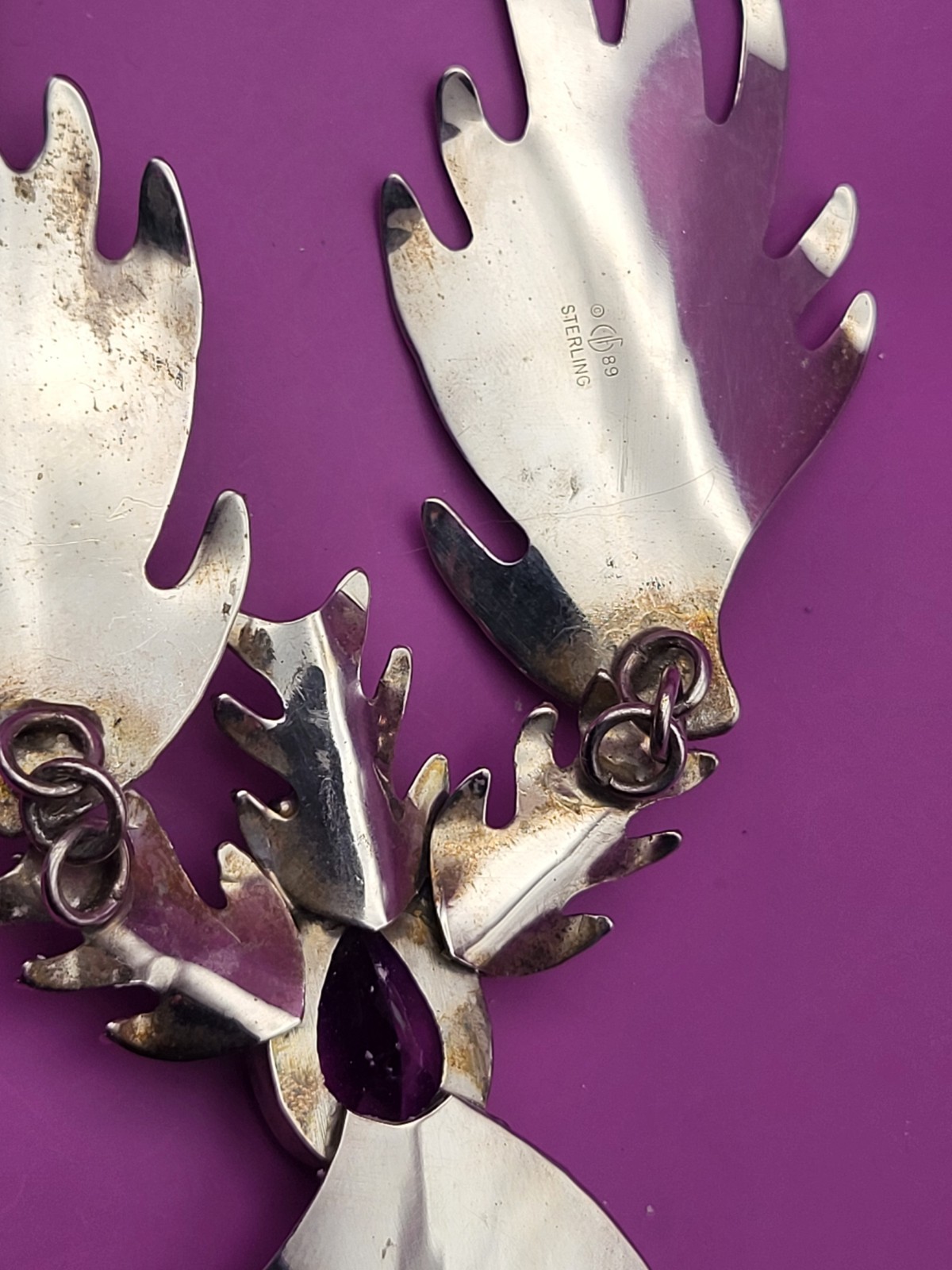 SET: CAROL FELLEY STERLING NECKLACE & EARRINGS, AMETHYST ABSTRACT BIRD RARE