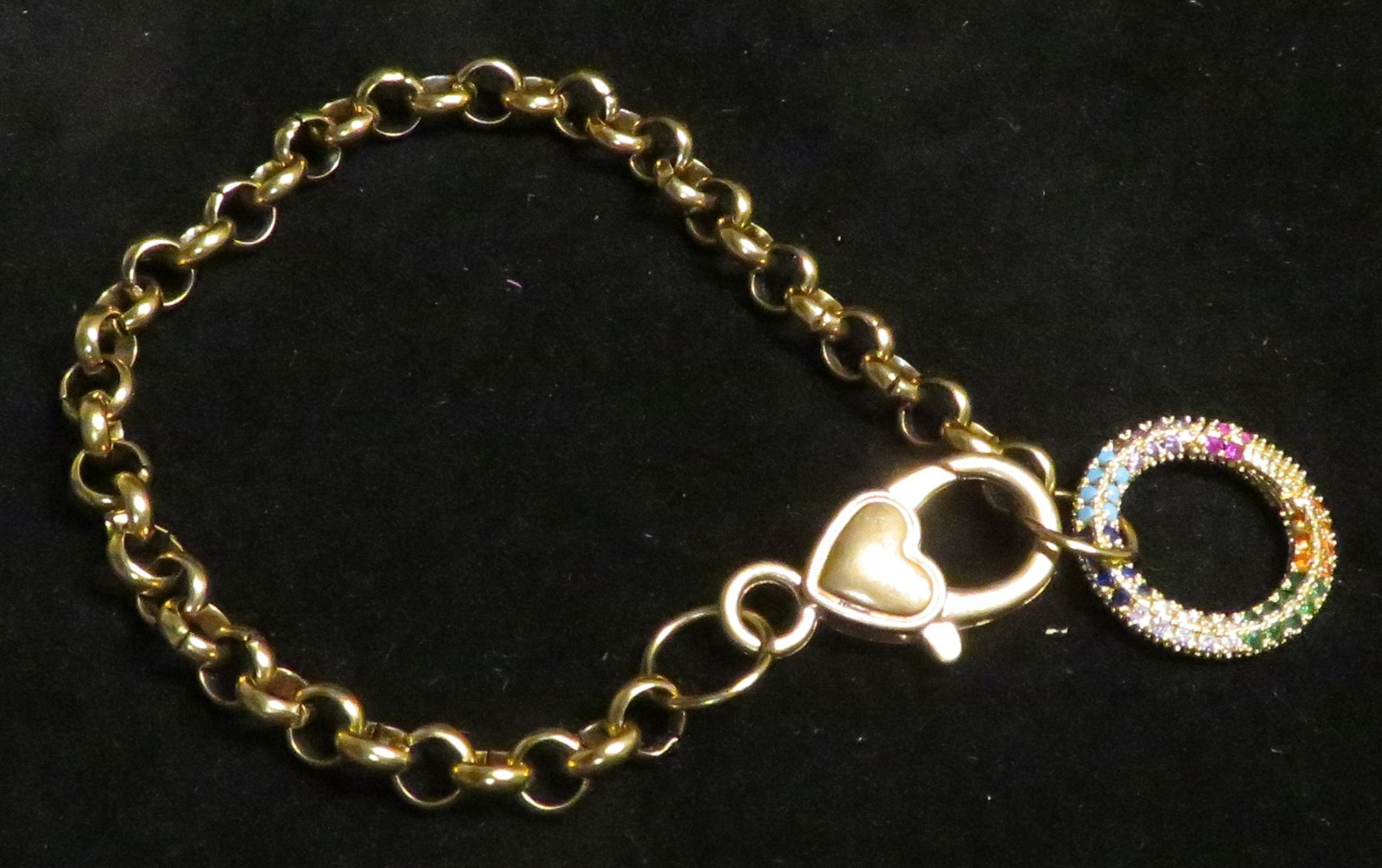Vintage Heart Clasp 8″ Bracelet Gold Tone Multi Color Rhinestone Circle Ring GUC